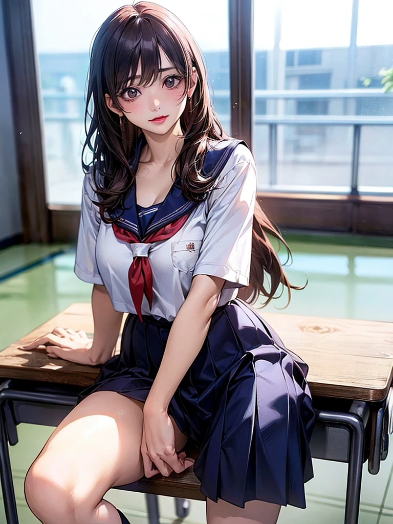 (Ultra-detailed、masutepiece, top-quality:1.3), (Ultra detailed 8K cg:1.2), (hyper realisitic:1.35), (Photorealistic:1.45), (Realistic:1.4), Cowboy Shot,
1 beautiful Japanese girl, 28 years old, beautiful supermodel, Japanese Idol, Large breasts, (sitting on the desk:1.1), (School uniform:1.4), (Spread legs:1.2),Stand on your knees with only your left leg、White panties, sexy, sensual, (School classroom background:1.1),{Gigantic|Big|Huge|Mega} breasts, cleavage、Beautiful woman full of adult charm、blue-sky