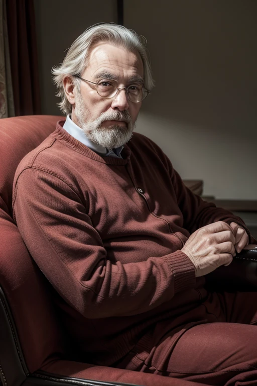 60 year old man sitting in red armchair looking straight ahead