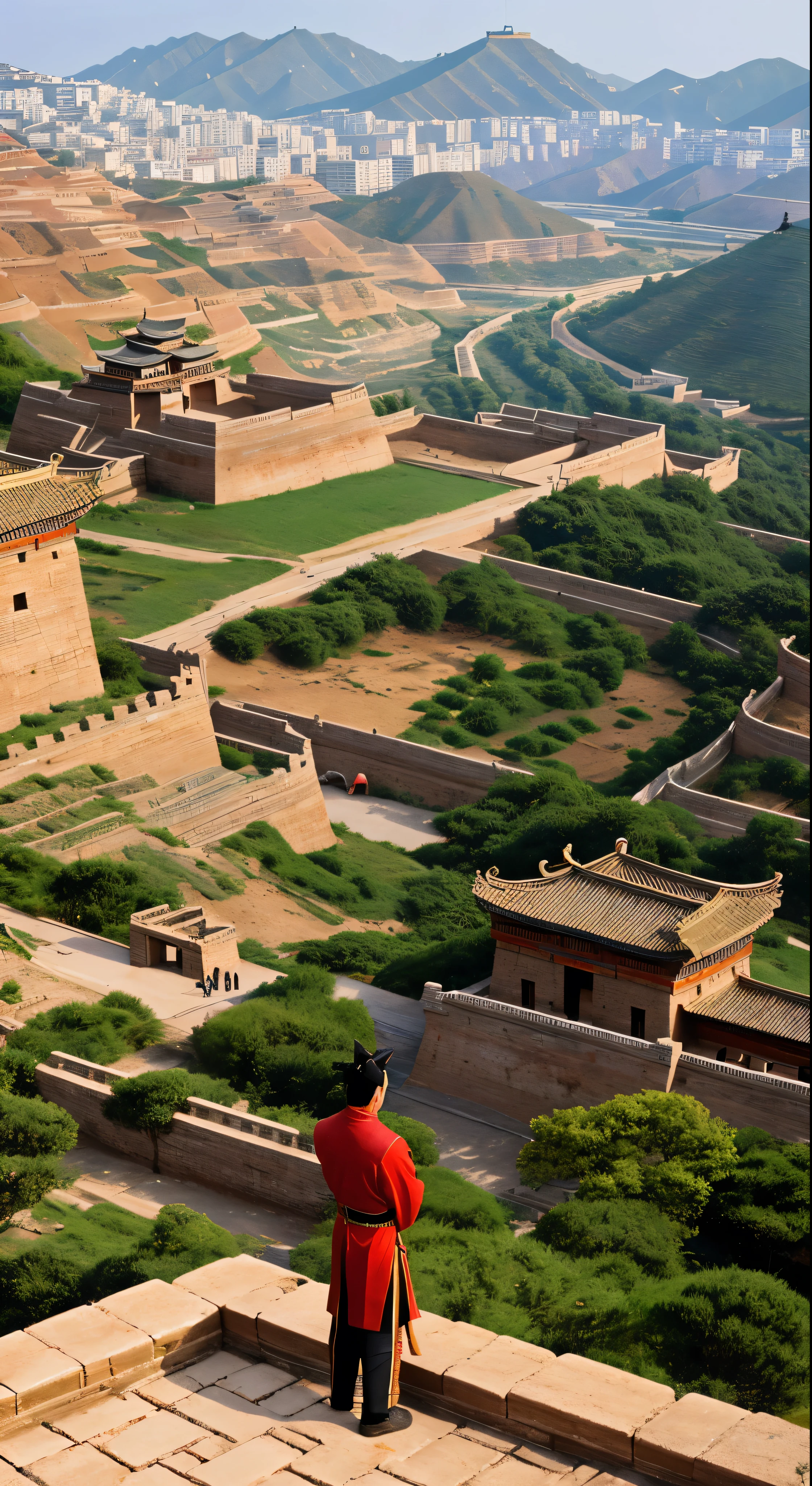 with high definition images，Three Kingdoms:The fascinating scenes in the movie、We see the famous strategist Zhuge Liang in deep contemplation at Red Cliff.。The walled city in front of me is meticulously painted.、It expresses its grandeur and antiquity.。Traces of time and history are engraved on the weathered walls.