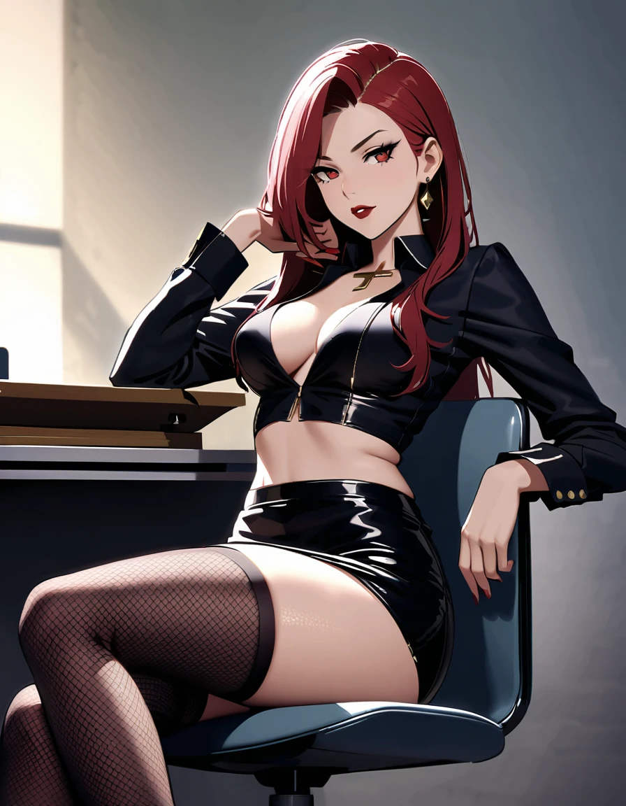 NSFW, LWRD, In a dimly lit office, overcast London 1814, Governor Rottenmeier, a bewitching and vicious gang leader, sits confidently at her desk. Her athletic physique is showcased by her tight pencil mini skirt and black fishnet stockings. She holds a sharp black karambit knife menacingly in one hand, its gleaming edge catching the faint light. Her ideally proportioned figure, perfectly beautiful body, and super detailed skin glisten with a roughened appearance. Black- red vintage clothing complements her stunning features: arched eyebrows, neat nose, beautiful nostrils, sensual full lips, and dark red lipstick. Upside-down cross gold earrings add to her mysterious aura. As she glares seductively at him, her lewd eyes hide murderous intent, exuding a dark and erotic atmosphere.