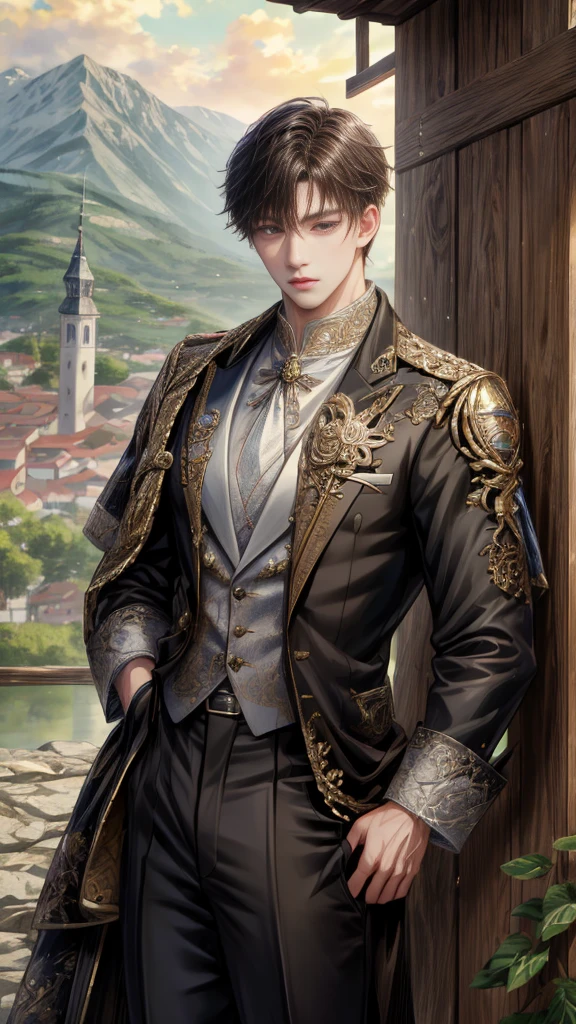 (absurdres, highres, ultra detailed, HDR), masterpiece, intricate, best quality, portrait of a character from Ikemen Shoujo Manga, a male idol in a detailed scenery town background