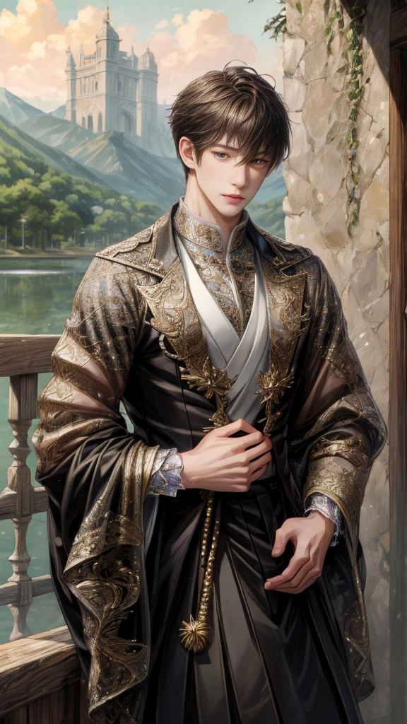 (absurdres, highres, ultra detailed, HDR), masterpiece, intricate, best quality, portrait of a character from Ikemen Shoujo Manga, a male idol in a detailed scenery town background