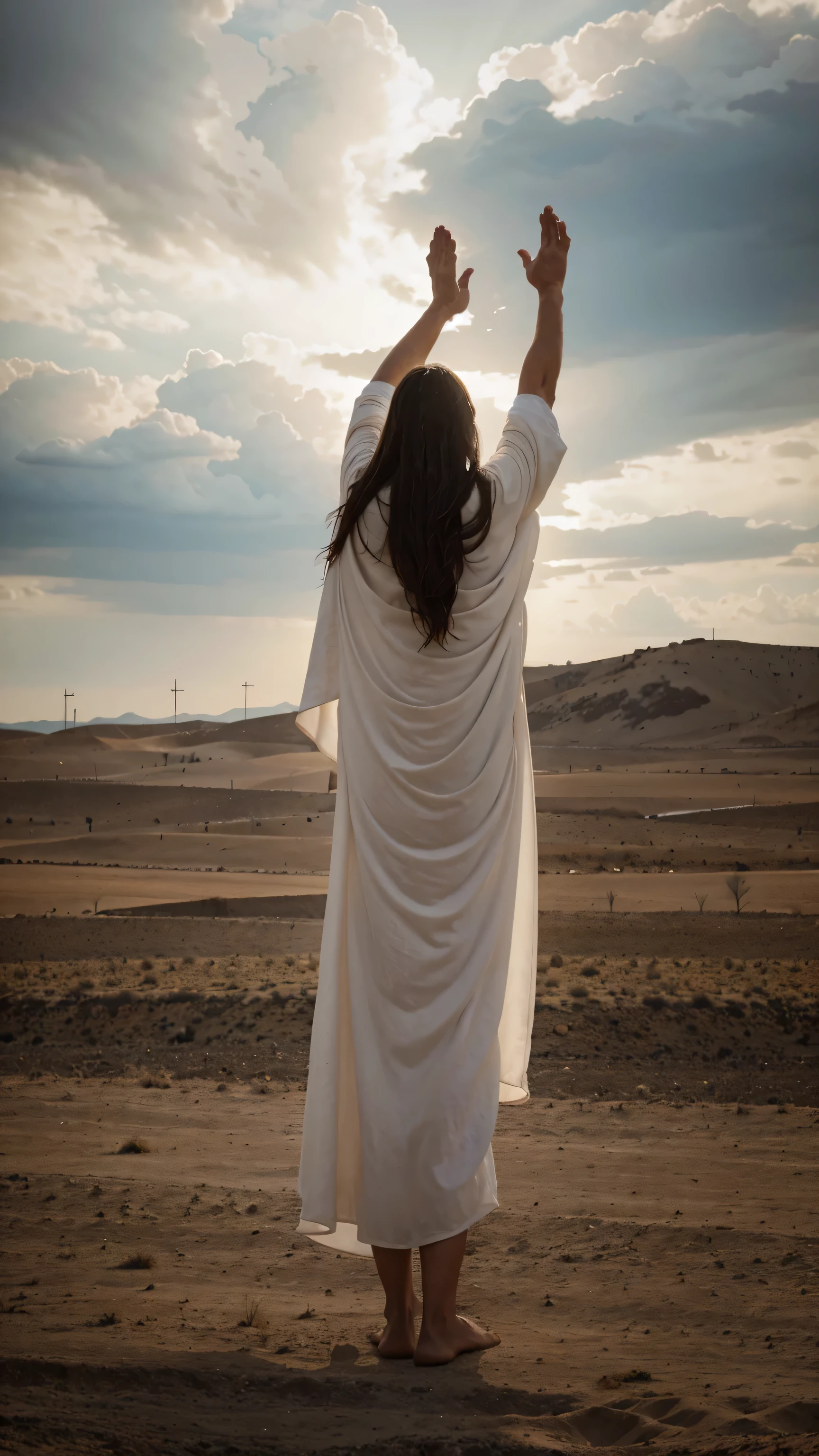 Jesus, dressed in a long white robe, stands in the open desert with both hands raised. The sky is covered with dark clouds. Full body view, back view, back body view, hyper-realistic photography, gentle soft noise, realistic image, cinematic style, realistic environment, low contrast, 32k resolution, highly detailed, realistic image.