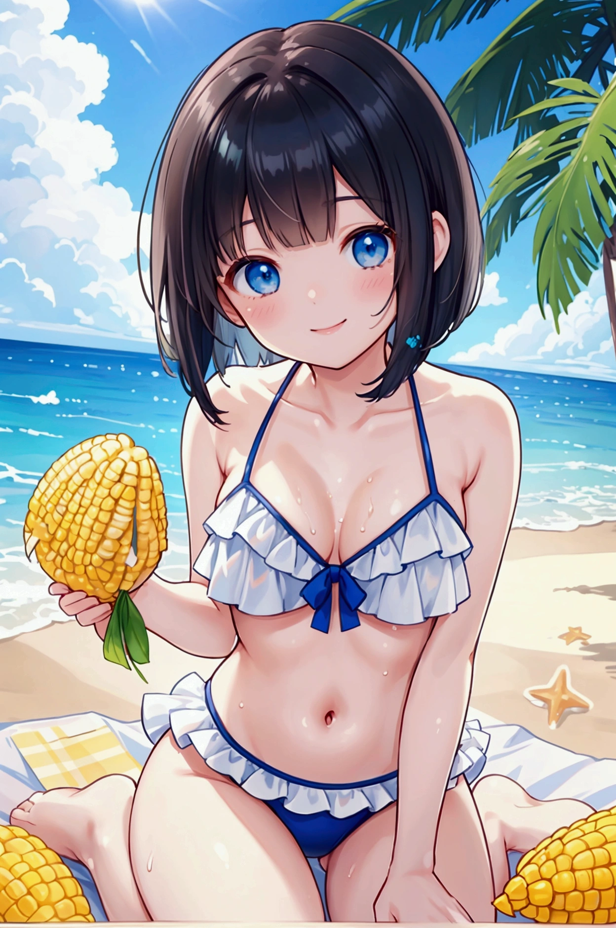 Photorealistic、Highest quality、Highest Resolution、Highest quality、８Ｋ、One beautiful woman、Cute face、Bob cut hair、Dark Hair Color、Wet Hair、Pale blue eyes、Beautiful breasts、Frilled bikini、Well sunny beach、corn、cornを食べる、smile、