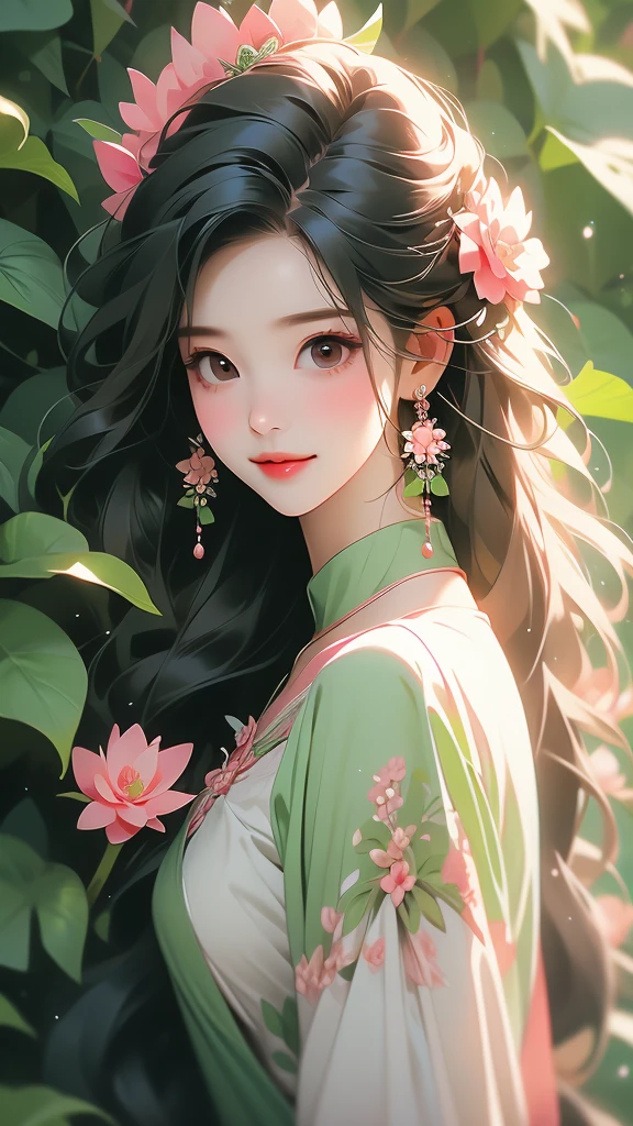 woman with White shirt and pink flower in hair in front of green flower wall, 1girl, solo, flower, jewelry, hair ornament, earrings, hair flower, red nails, smile, long hair