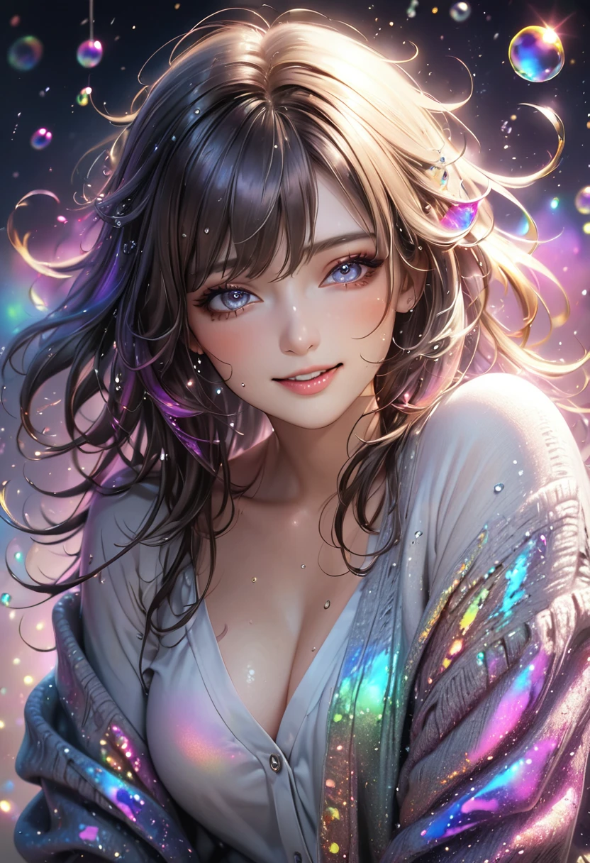 cute woman, amorous and lewd face, the best smiling, beautiful eyes, make-up, messy hair, great proportion, loose size cardigan, (ultra detailed, absolutely resolution, best quality:1.3), 2.5D, delicate and dynamic, shading effects, hyper realistic, artistic photography, glitter effects, foggy effects, iridescent soap bubble effects, graphic CG digital art