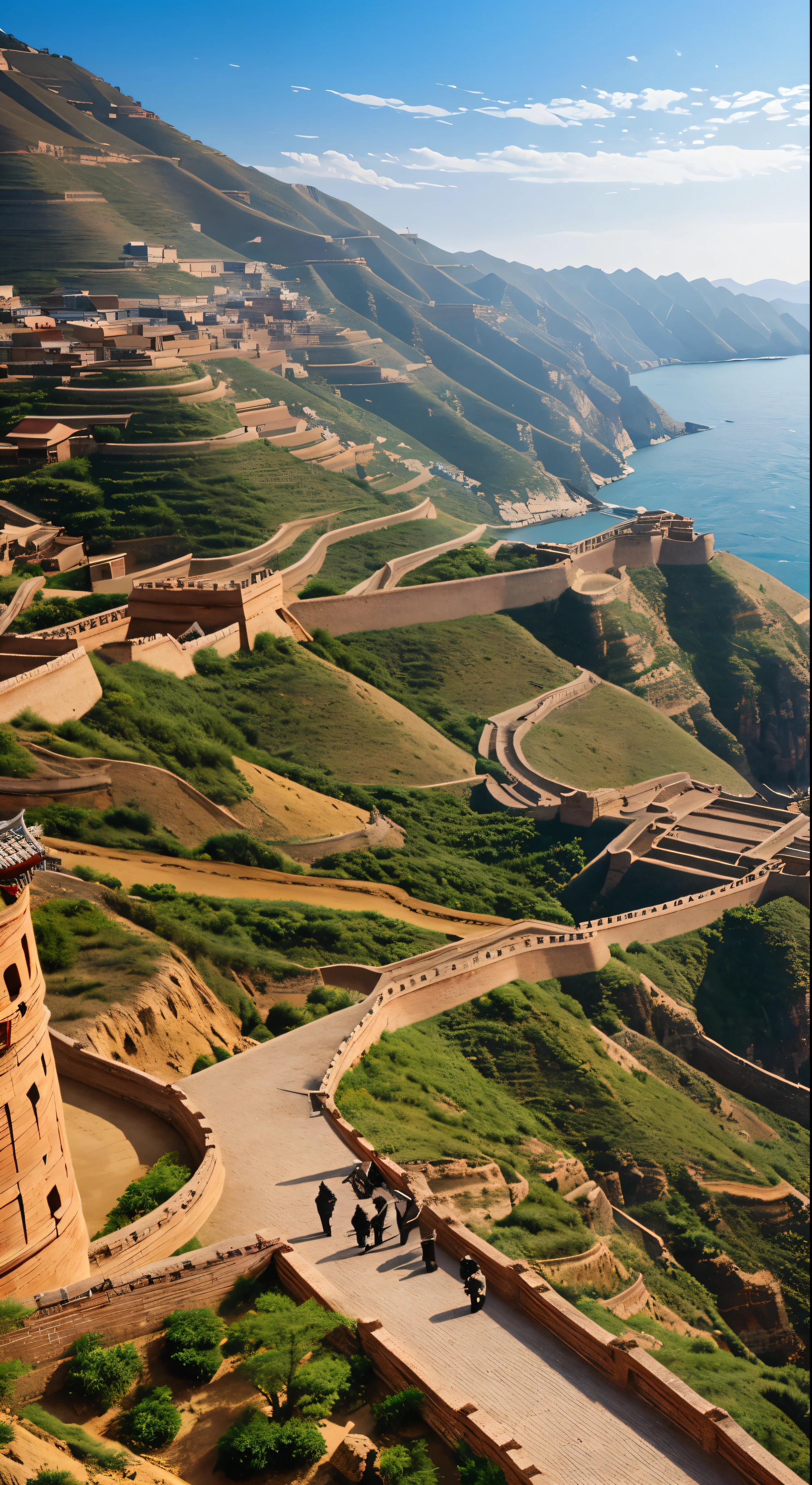 with high definition images，Three Kingdoms:The fascinating scenes in the movie、We see the famous strategist Zhuge Liang in deep contemplation at Red Cliff.。The walled city in front of me is meticulously painted.、It expresses its grandeur and antiquity.。Traces of time and history are engraved on the weathered walls.
