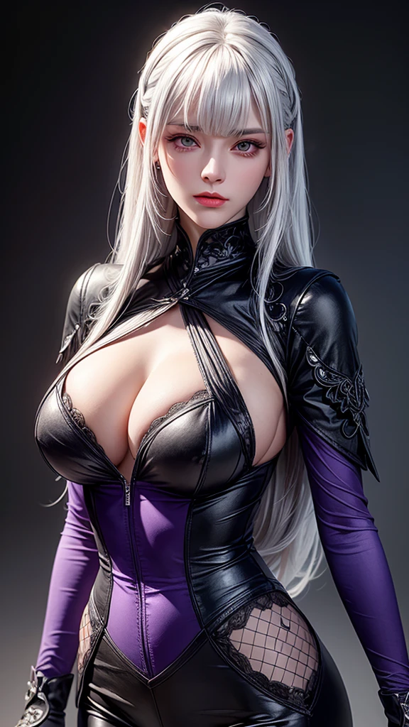 girl with white hair,with bangs, black gloves, purple clothes,4K, masterpiece, perfect body, stem,perfect eyes, perfect shading, perfect lighting, best quality, work of art, ultra detailed, detailed clothing
