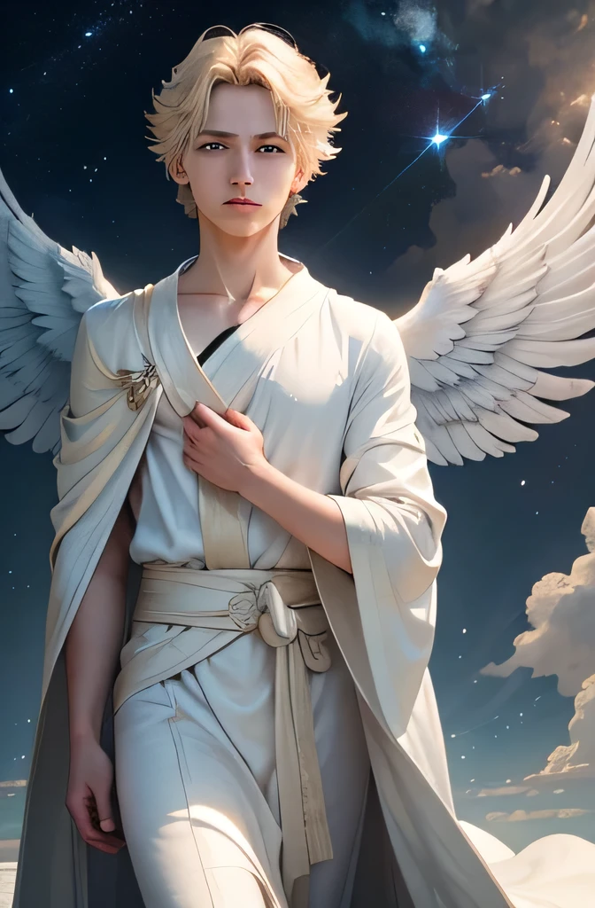 Create an image of a young man in a celestial sky with soft clouds and radiant light at dawn. The man must have fair skin, straight blond hair, blue eyes, and a serene expression. He must have white wings and be dressed in a white robe. The atmosphere must convey purity and serenity. Use 8k resolution, with celestial fantasy rendering style. Lighting should be radiant, with ultra-fine details. The image is supposed to tell the story of Gabriel as an archangel messenger, highlighting his purity and serenity in the celestial sky. The face must be detailed, with lots of details.