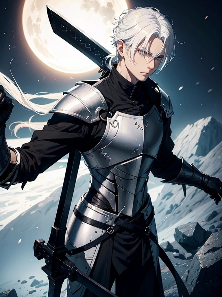 young man, white  hair, hair tied at the base of the neck, wearing black eclipse knight armor, carrying a grand black sword 