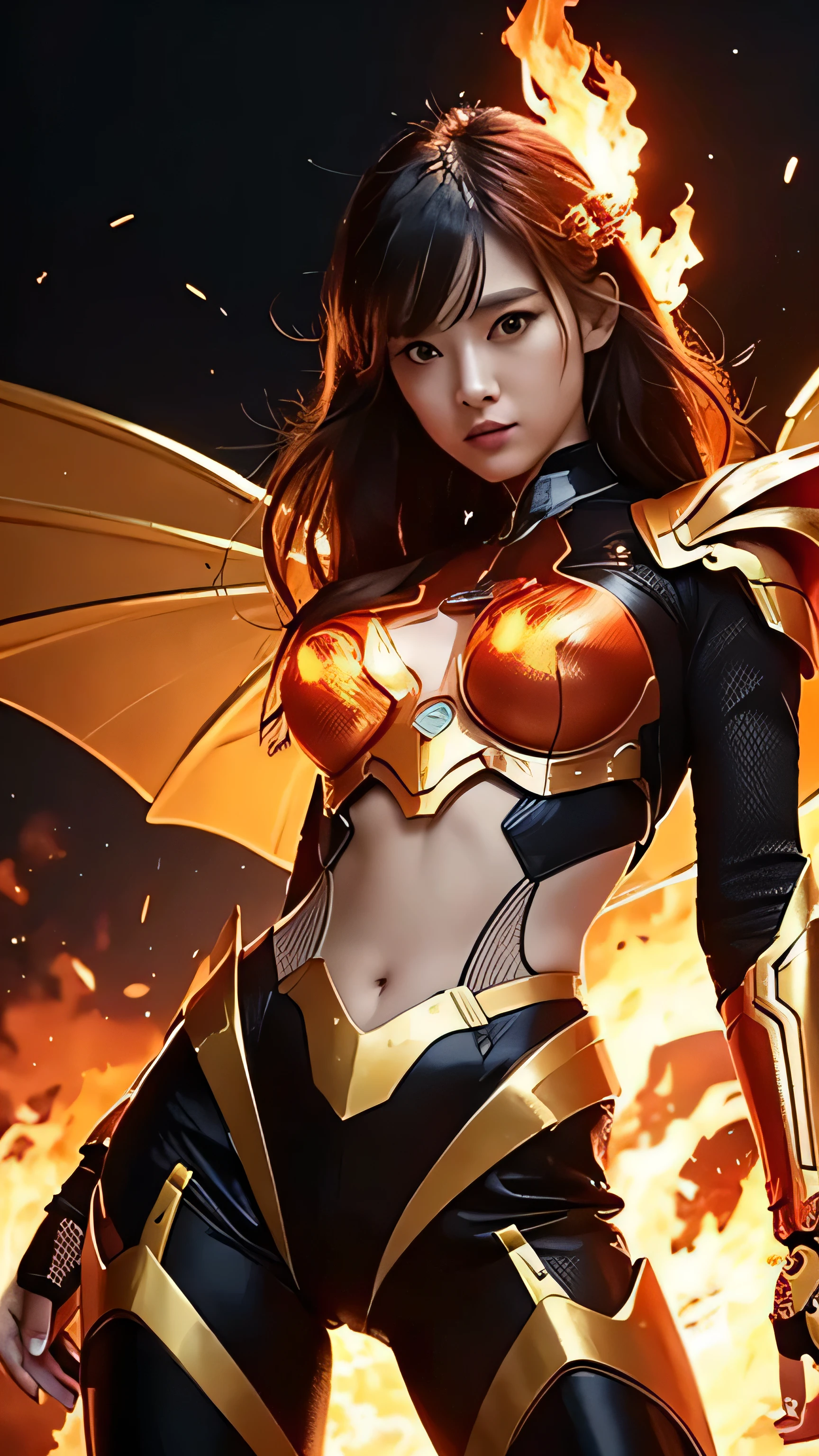 Create an ultra-realistic depiction of a mechanic fire spirit (Salamander). She has a sleek, muscular build with a balanced and powerful appearance, combining organic and mechanical elements. Her skin is composed of smooth, metallic panels in shades of red, orange, and gold, giving the impression of molten metal. Her long hair is made of fiery, glowing wires and cables that resemble flames, with hues of red, orange, and yellow, flickering with every movement.
Her eyes are large, sharp, and robotic, glowing with a fiery red light, and within her irises, digital flames seem to dance. Her face combines human-like features with mechanical details, such as metallic accents and digital displays.
She wears a high-tech, armored suit in vibrant red and gold, adorned with patterns of fire and flames. The suit is made from advanced, heat-resistant materials that symbolize her control over fire. The armor plates are intricately designed with mechanical joints and glowing circuits, highlighting her fusion of technology and elemental power. She is adorned with advanced tech jewelry, such as glowing bracelets and a high-tech necklace, enhancing her mystical and fiery aura.
Her back features large, mechanical wings made of metallic feathers that emit fiery light, symbolizing her ability to fly and her connection to the element of fire. These wings have jet-like propulsion systems, adding to her futuristic appearance. Surrounding her is an aura of digital flames, causing the temperature around her to rise and objects nearby to smolder.
The background should depict a high-tech, fiery landscape, such as a futuristic volcanic lab, a high-tech cave with flowing molten metal, or a burning cybernetic forest. The colors should be dominated by shades of red, orange, and yellow, emphasizing the heat and intensity of the environment. The overall scene should convey a sense of power, technological advancement, and the fierce nature of the mechanic fire spirit.