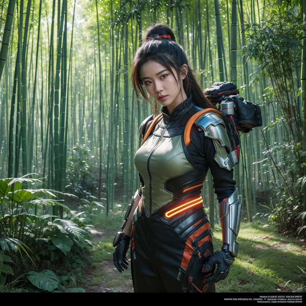 Bamboo forest Chinese architecture Photo close-up of the landscape, colorful vivid octane render, cybernetic and highly detailed, loba andrade from apex legends, created in unreal engine 5, made in unreal engine 5, trending on unreal engine 5, anfas portrait of a mech warrior, fantasy style 8 k octane render, rendered in unreal 5, rendered in high octane