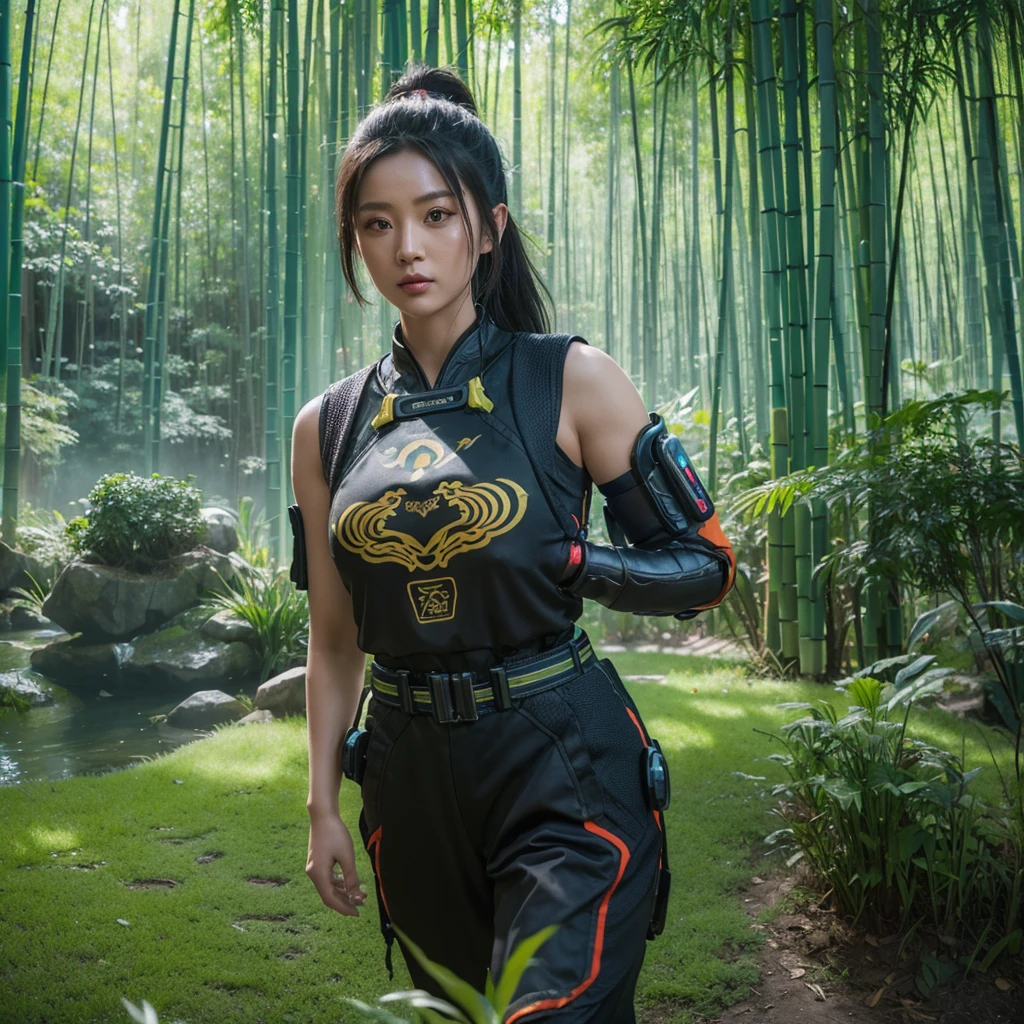 Bamboo forest Chinese architecture Photo close-up of the landscape, colorful vivid octane render, cybernetic and highly detailed, loba andrade from apex legends, created in unreal engine 5, made in unreal engine 5, trending on unreal engine 5, anfas portrait of a mech warrior, fantasy style 8 k octane render, rendered in unreal 5, rendered in high octane