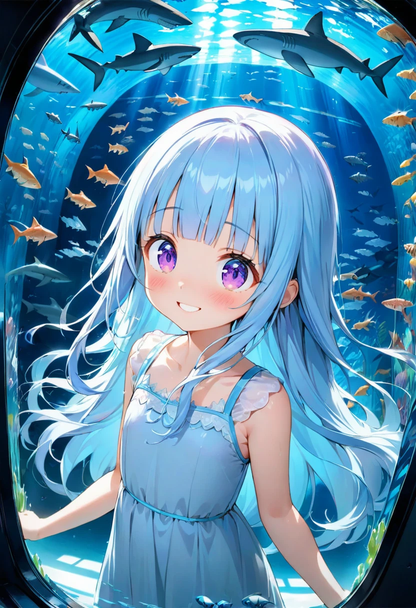 masterpiece, best quality, extremely detailed, (illustration, official art:1.1), 1 girl ,(((( light blue long hair)))), ,(((( light blue long hair)))),light blue hair, , long hair ((blush)) , cute face, big eyes, masterpiece, best quality,(((((a very delicate and beautiful girl))))),Amazing,beautiful detailed eyes,blunt bangs((((little delicate girl)))),(((tareme))),droopy eyes.(true beautiful:1.2), sense of depth,dynamic angle,,,, affectionate smile, (true beautiful:1.2),,(tiny 1girl model:1.2),)(flat chest),1 Girl, alone,Purple eyes, Long Hair, blunt bangs, bangs,(girl it look at See the sharks ), aquarium, Glass tunnel, sea creature, school of fish, illumination, Blue light, Aquarium, reflection, adventure, excited, Light effects, mysterious