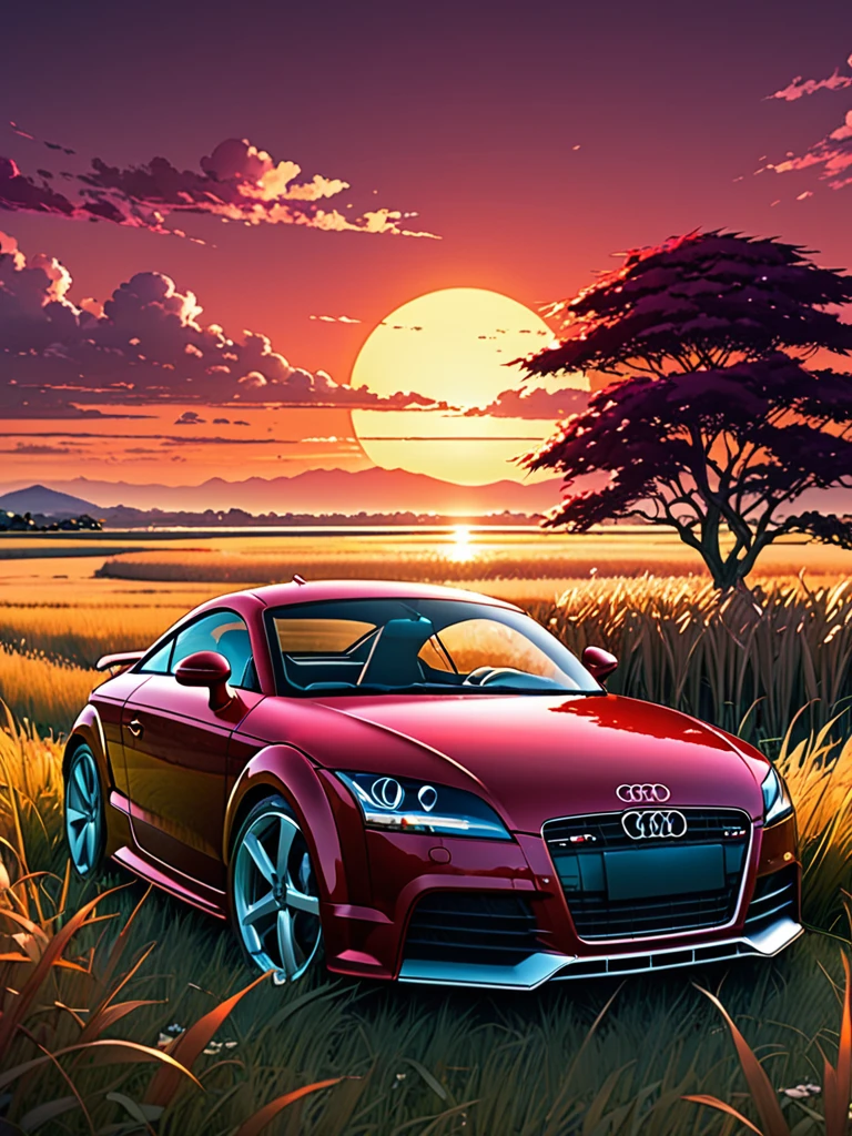 anime landscape of A pearl super maroon brown metalic pearl color classic Audi TT sport sits in a field of tall grass with a sunset in the background.beautiful anime scene, beautiful anime peace scene, Makoto Shinkai Cyril Rolando, beautiful anime scene, amazing wallpaper, anime art wallpaper 8k, anime background, artistic anime background, anime wallpaper 4k, anime art 4k wallpaper, anime wallpaper art 4k,