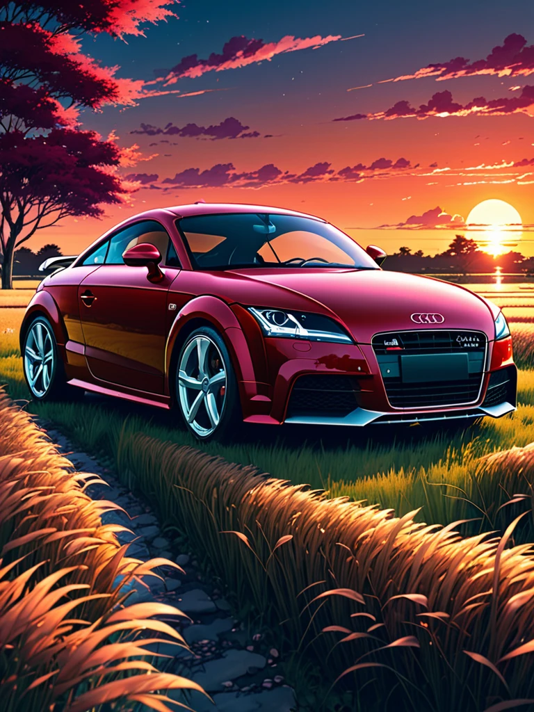 anime landscape of A pearl super maroon brown metalic pearl color classic Audi TT sport sits in a field of tall grass with a sunset in the background.beautiful anime scene, beautiful anime peace scene, Makoto Shinkai Cyril Rolando, beautiful anime scene, amazing wallpaper, anime art wallpaper 8k, anime background, artistic anime background, anime wallpaper 4k, anime art 4k wallpaper, anime wallpaper art 4k,