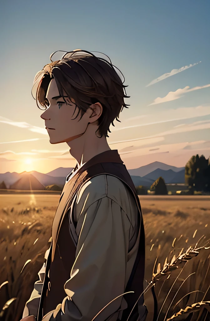 Create an image of a young man in a field of golden wheat with an old church in the background at dawn. The man must have fair skin, straight brown hair, green eyes, and a thoughtful expression. He must be dressed in simple clothes. The atmosphere should convey peace and enlightenment. Use 8k resolution, with realism rendering style. Lighting should be soft, with ultra-fine details. The image should tell the story of Luke in a wheat field, highlighting his peace and enlightenment in a tranquil setting. The face must be detailed, with lots of details.