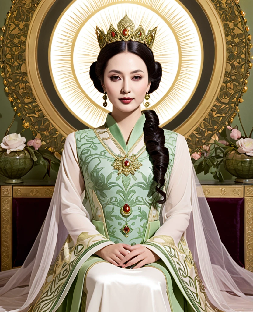 The Empress&#39;s large breasts and her lower abdomen were visible as she stood. Her hair was tied up and pulled up, with gorgeous flowers on both sides of her head.、A perverted, erotic woman wearing the crown of a Qing Dynasty empress. The background is the stone paving of a Chinese palace during the Qing Dynasty.