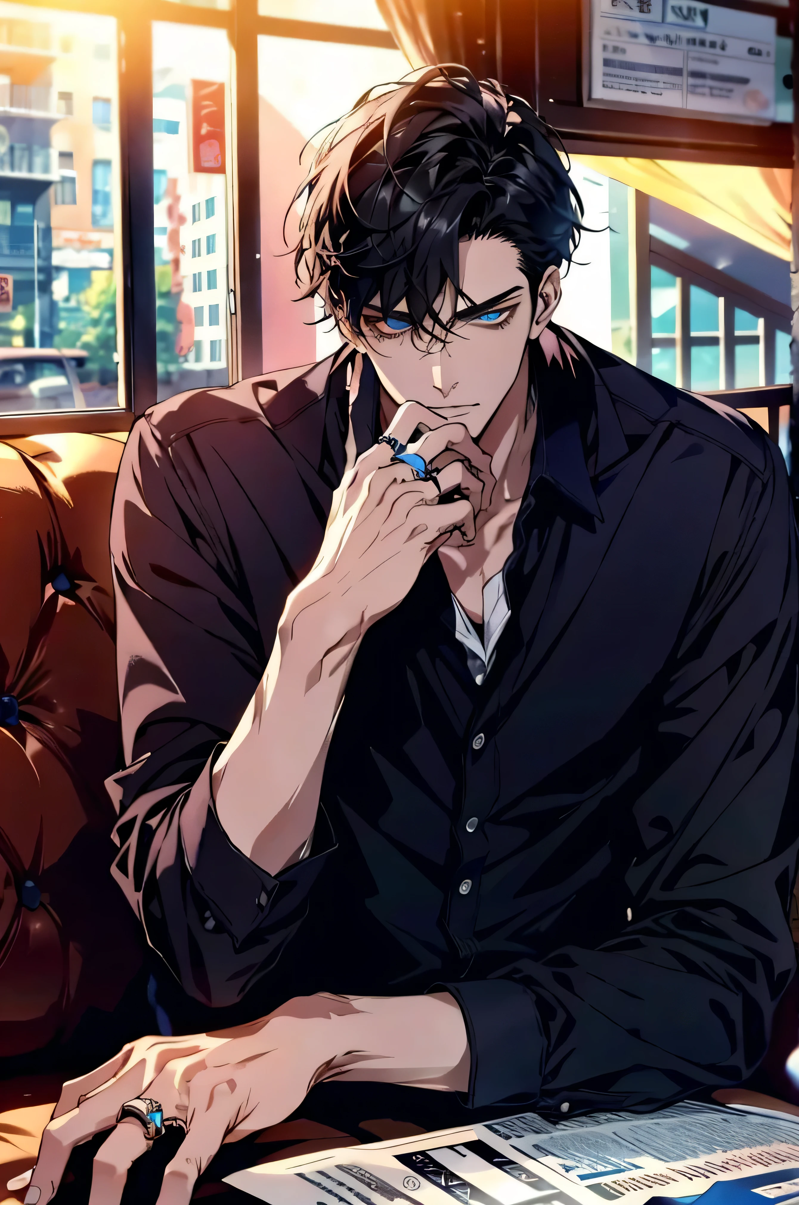 Handsome, Solitary, 1 male, Black hair with smoky grey tips, Brown eyes, Black shirt, Black pants, smokes, night, Background is warm light in the room