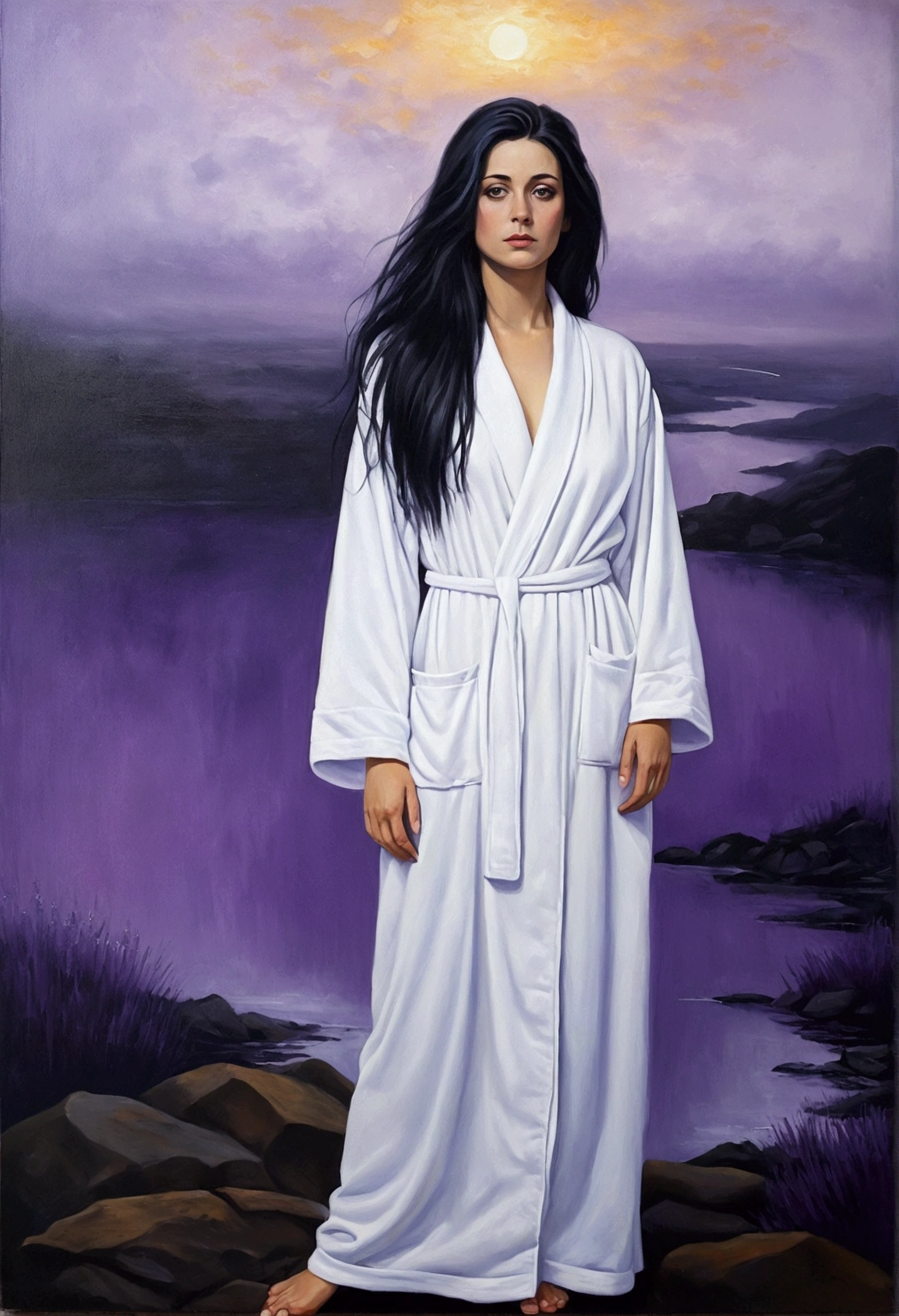 Full body portrait of woman in oil painting.She was wearing a white dressing gown.Her long black hair hangs down casually.She has a beautiful face.But with a sad look.Lovely eyes seem to know all the secrets.She turned towards the deep purple mist in the distance on the left side of the screen..Go further and further Go further and further..