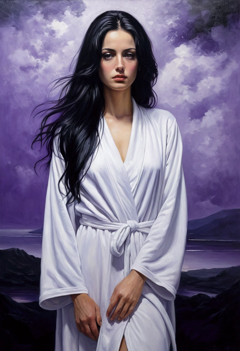 Full body portrait of woman in oil painting.She was wearing a white dressing gown.Her long black hair hangs down casually.She has a beautiful face.But with a sad look.Lovely eyes seem to know all the secrets.She turned towards the deep purple mist in the distance on the left side of the screen..Go further and further Go further and further..