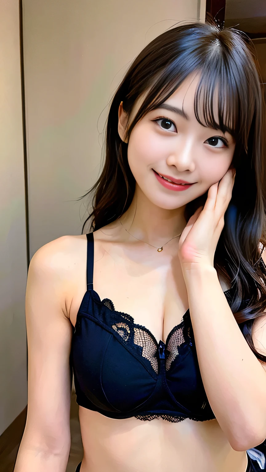 (Highest quality、In 8K、32K、masterpiece、Hmph:1.2)、One Girl、Beautiful Japanese Woman、(Beautiful nape)、((Updo))、(bra、panties)、20-year-old、In a room bathed in morning sunlight、(Biting pose:1.2)、(smile:1.5)、