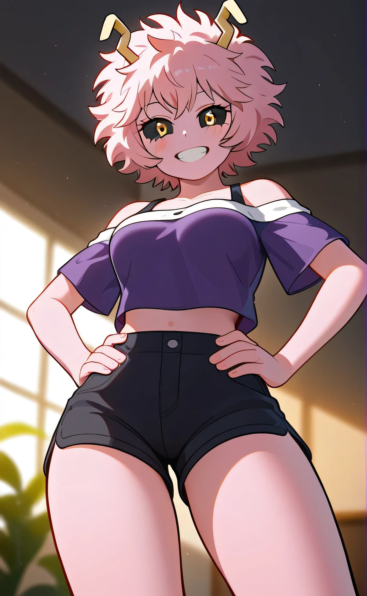 [mina ashido], [Boku no hero academia], ((masterpiece)), ((HD)), ((high res)), ((solo portrait)), ((waist up)), ((front view)), ((low angle view)), ((feet visible)), ((detailed shading)), ((intricate details)), {(athletic figure), (pink skin), (cute black eyes), (yellow pupils), short eyelashes, (short curly hair), (medium breasts), (curvy hips), (beautiful legs), (blushing), (cute grin), (excited expression)}, {(purple off-shoulder tee shirt), (black lounge shorts)}, {(standing), (hand on hip), (looking at viewer)}, [ambient lighting, living room, sun rays]