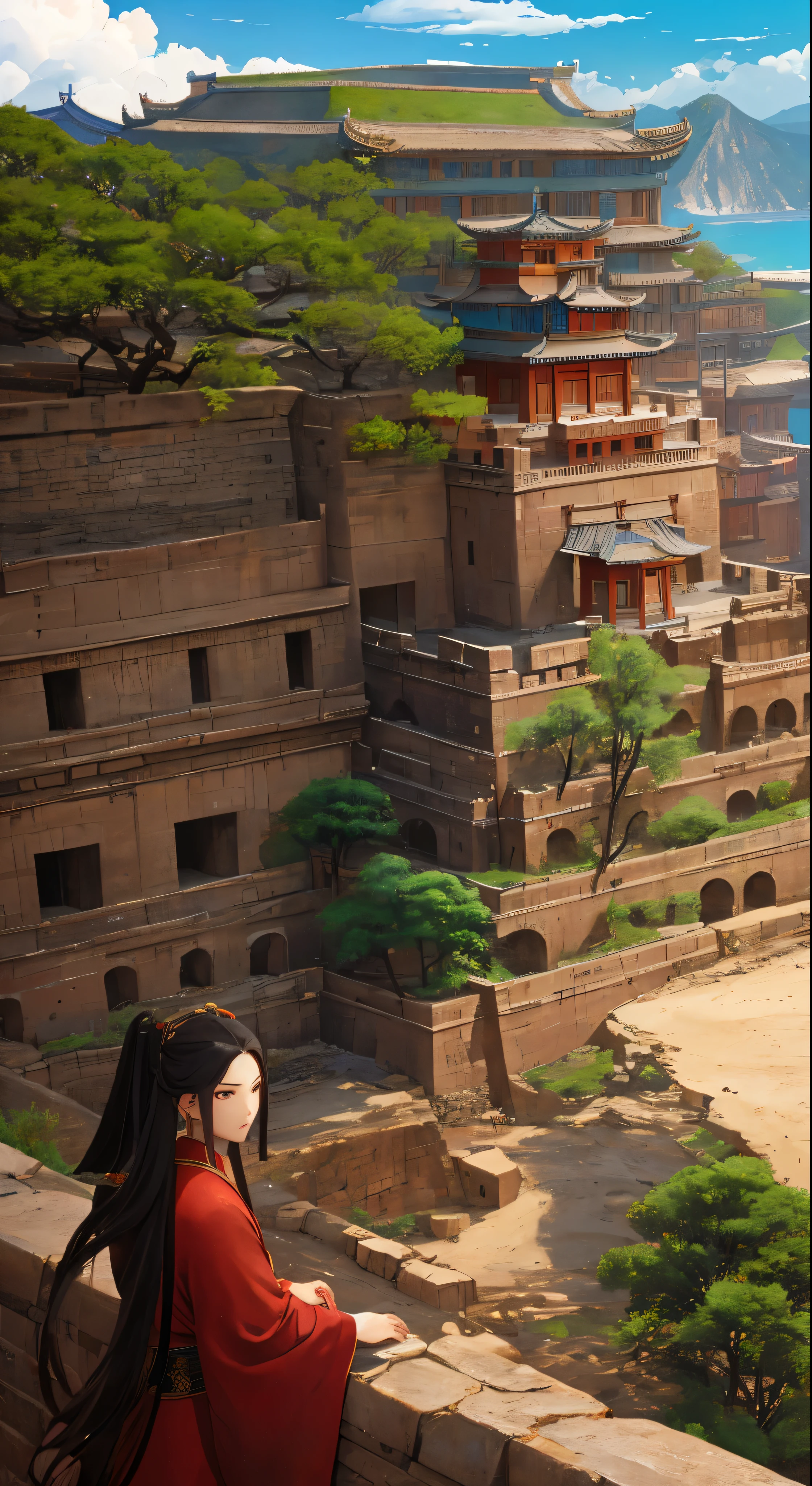 with high definition images，Three Kingdoms:The fascinating scenes in the movie、We see the famous strategist Zhuge Liang in deep contemplation at Red Cliff.。The walled city in front of me is meticulously painted.、It expresses its grandeur and antiquity.。Traces of time and history are engraved on the weathered walls.。
