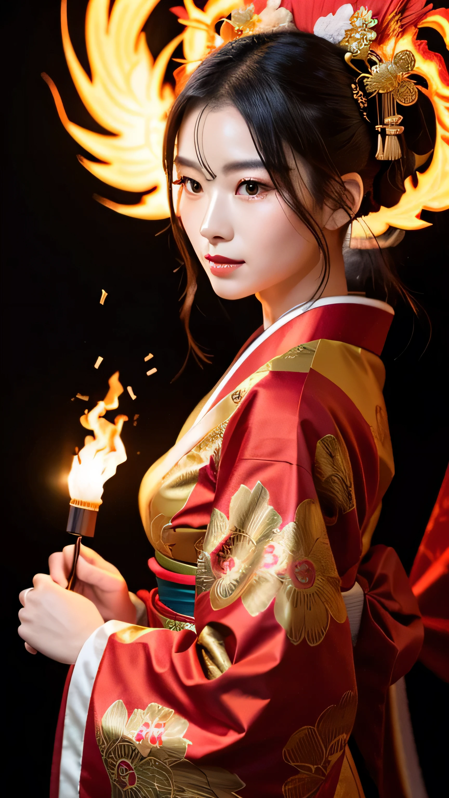 Create an ultra-realistic depiction of a Japanese-inspired fire spirit (Salamander) with a strong focus on her front body. She has an elegant yet powerful appearance, combining traditional Japanese elements with her fiery nature. Her skin is smooth and has a subtle, warm glow, resembling the hues of a soft flame in shades of red, orange, and gold. Her long, flowing hair is a brilliant mix of fiery colors, styled in an elaborate traditional Japanese updo adorned with golden hairpins and ornaments that resemble flames and phoenix feathers.
Her eyes are large, almond-shaped, and exude a fierce intensity, glowing with a fiery red light. Her gaze is captivating and strong, reflecting her control over fire. Her face is delicate and beautiful, with traditional Japanese makeup highlighting her features – bold red lips and defined eyebrows.
She wears a traditional Japanese kimono made of rich, luxurious fabric in deep red and gold, with intricate patterns of flames and phoenixes. The kimono is adorned with golden embroidery and is tied with a wide obi sash in a contrasting color, such as deep black or dark green, decorated with a large, elaborate bow at the back. The kimono's sleeves and hem are designed to resemble flickering flames, adding to her fiery appearance. Her arms and hands are adorned with delicate golden bracelets and rings, further emphasizing her mystical nature.
Her back features a large, ethereal flame in the shape of a phoenix, symbolizing her power and connection to the element of fire. This flame moves and flickers as if alive, adding a sense of movement and energy to her presence. Surrounding her is an aura of gentle, warm flames, causing the air around her to shimmer with heat.
The background should depict a traditional Japanese landscape with a fiery twist, such as a serene garden with blooming cherry blossoms that appear to be made of fire, a majestic shrine with torii gates that glow with a warm light, or a sacred mountain with streams of molten