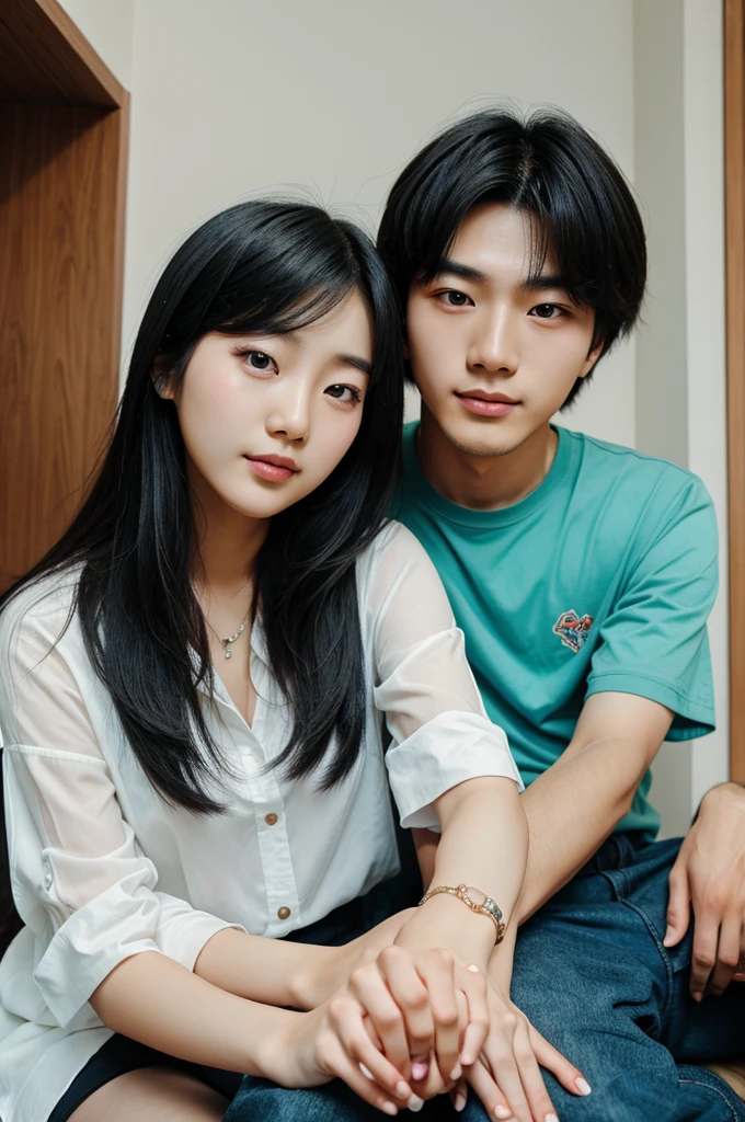 An Asian couple,in living room,Happy hu