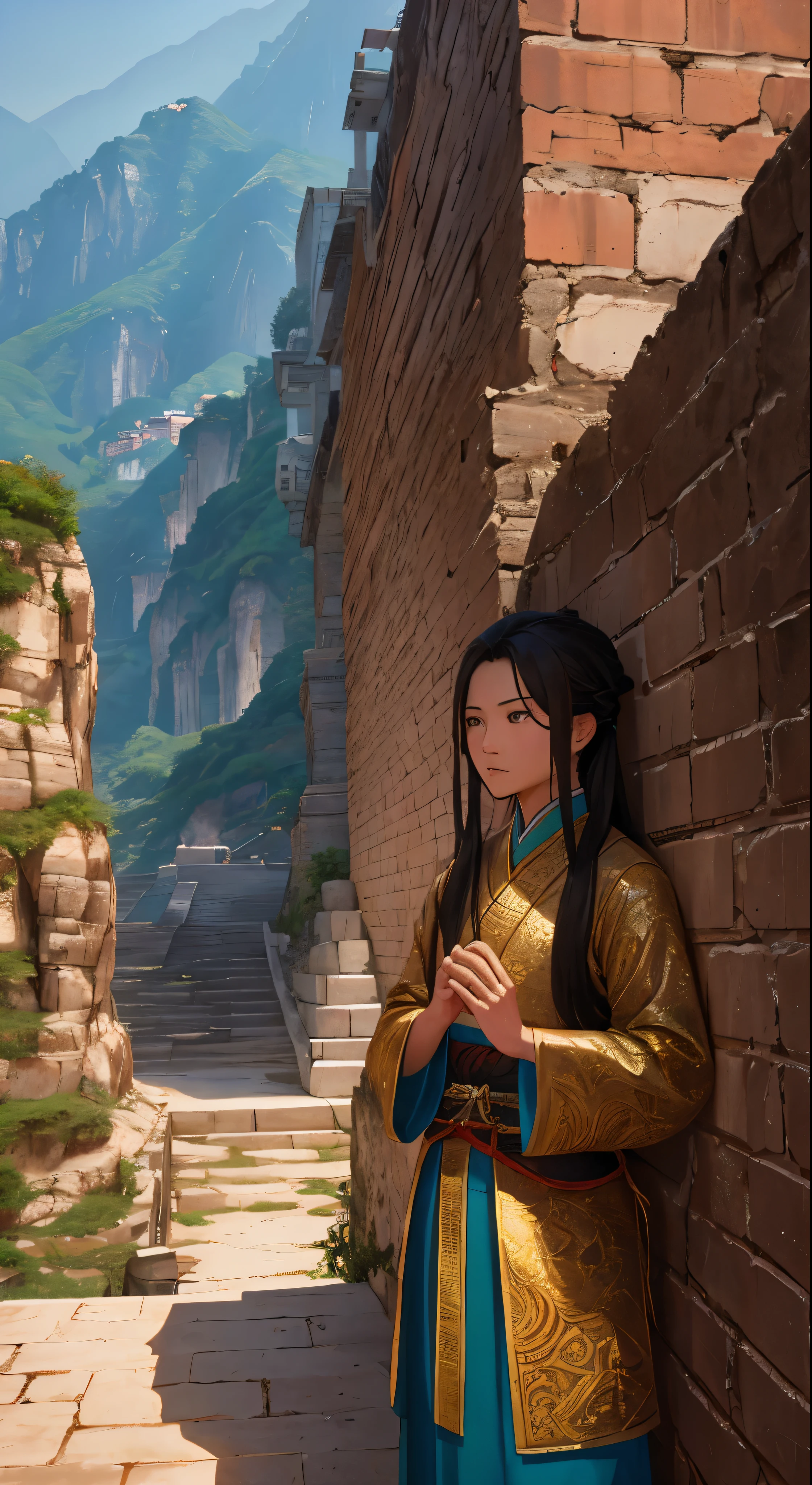 with high definition images，Three Kingdoms:The fascinating scenes in the movie、We see the famous strategist Zhuge Liang in deep contemplation at Red Cliff.。The walled city in front of me is meticulously painted.、It expresses its grandeur and antiquity.。Traces of time and history are engraved on the weathered walls.。