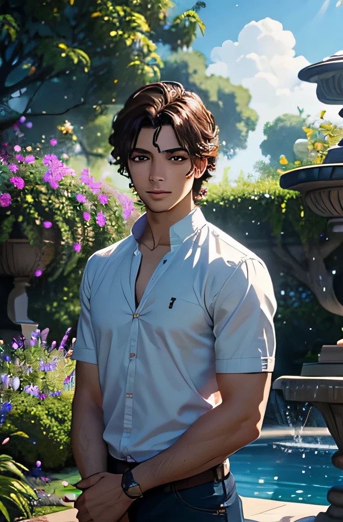 Create an image of a young man in a lush garden with colorful flowers and a fountain in the center, in the midday light. The man must have fair skin, curly brown hair, brown eyes, and a gentle expression. He must be dressed in casual clothes. The atmosphere should convey tranquility and gratitude. Use 8k resolution, with realism rendering style. Lighting should be natural midday lighting, with ultra-fine details. The image should tell the story of Matheus in a lush garden, highlighting his tranquility and gratitude in a colorful and serene environment. The face must be detailed, with lots of details.