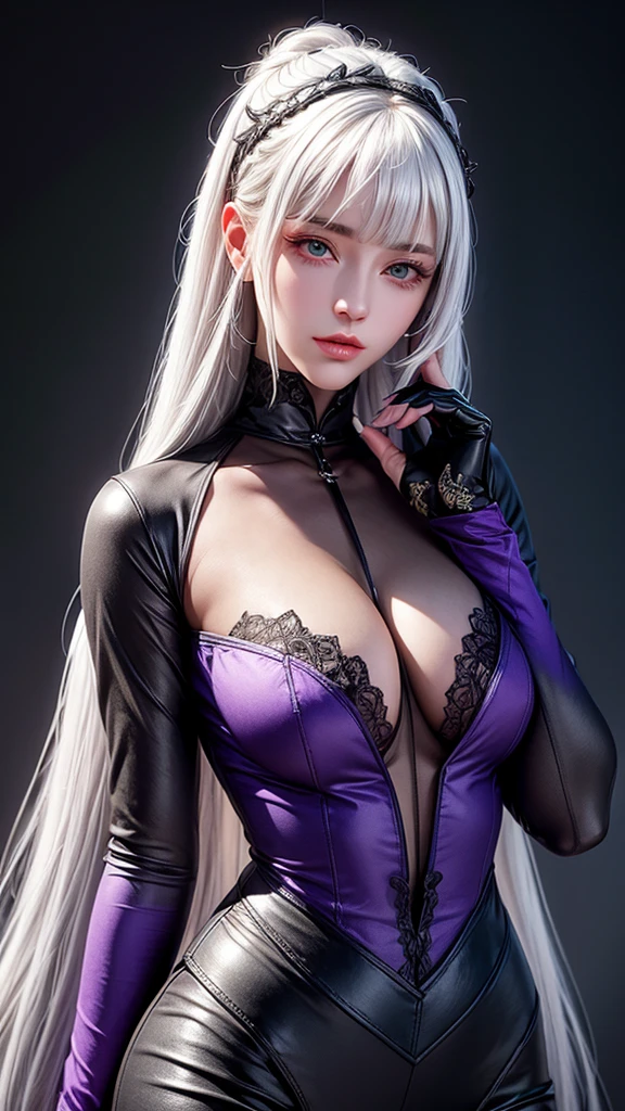 girl with white hair,with bangs, black gloves, purple clothes,4K, green eyes, masterpiece, perfect body, stem,perfect eyes, perfect shading, perfect lighting, best quality, work of art, ultra detailed, detailed clothing