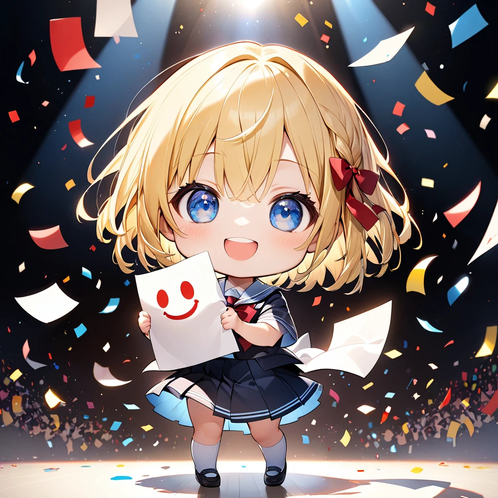 ultra-small deformation, Chibi Cute, 1girl, school girl, JK, solo, full body, blonde short hair, blue eyes, big smile, (she is holding and showing a large paper with big red smiley face written on it to the viewer), spotlight and confetti, High contrast and vivid color, wide variety classmates are clapping around her