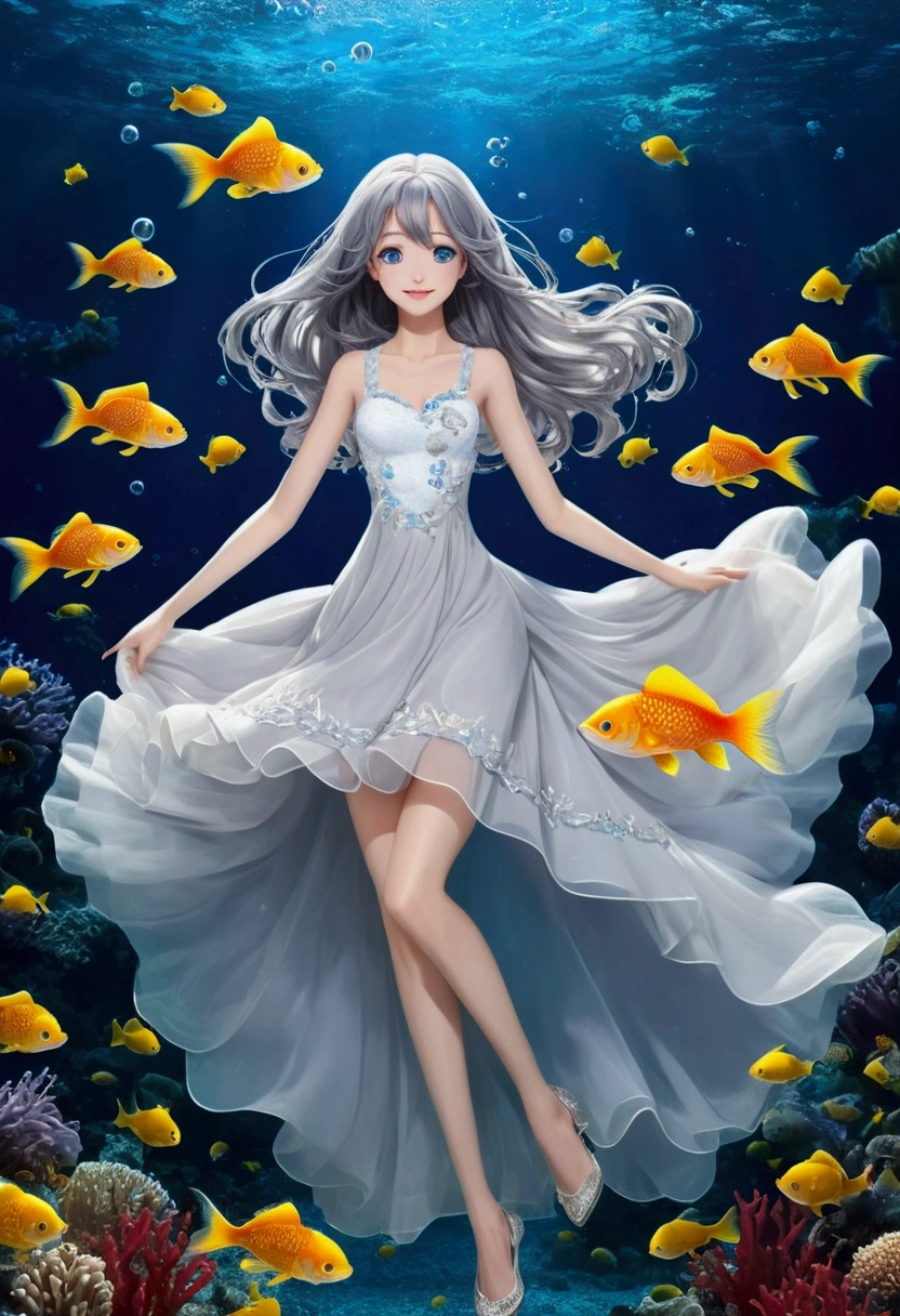 (The pieces fly), (Highest quality), Very detailed, 1 girl, Perfect Face, (Solo full body shot:1.3), Very detailed顔，(Gray-haired super long hair:1.5)，(blue eyes:1.4)，(Underwater:1.4)，(White Dress:1.5)，School of small fish，Light，bubble，jellyfish，Seaweed，deep sea，Fantasy，seabed，(Floating Hair:1.4)，splash，(Red Fish，Yellow small fish:1.4)，(smile:1.3)