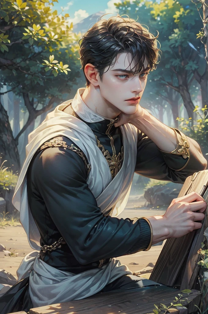 ((Best quality)), ((masterpiece)), (detailed), ((perfect face)), ((halfbody)) handsome face, male, teen boy, perfect proportions , a male version of the character from Black Clover anime, colorful outfit, detailed scenery background