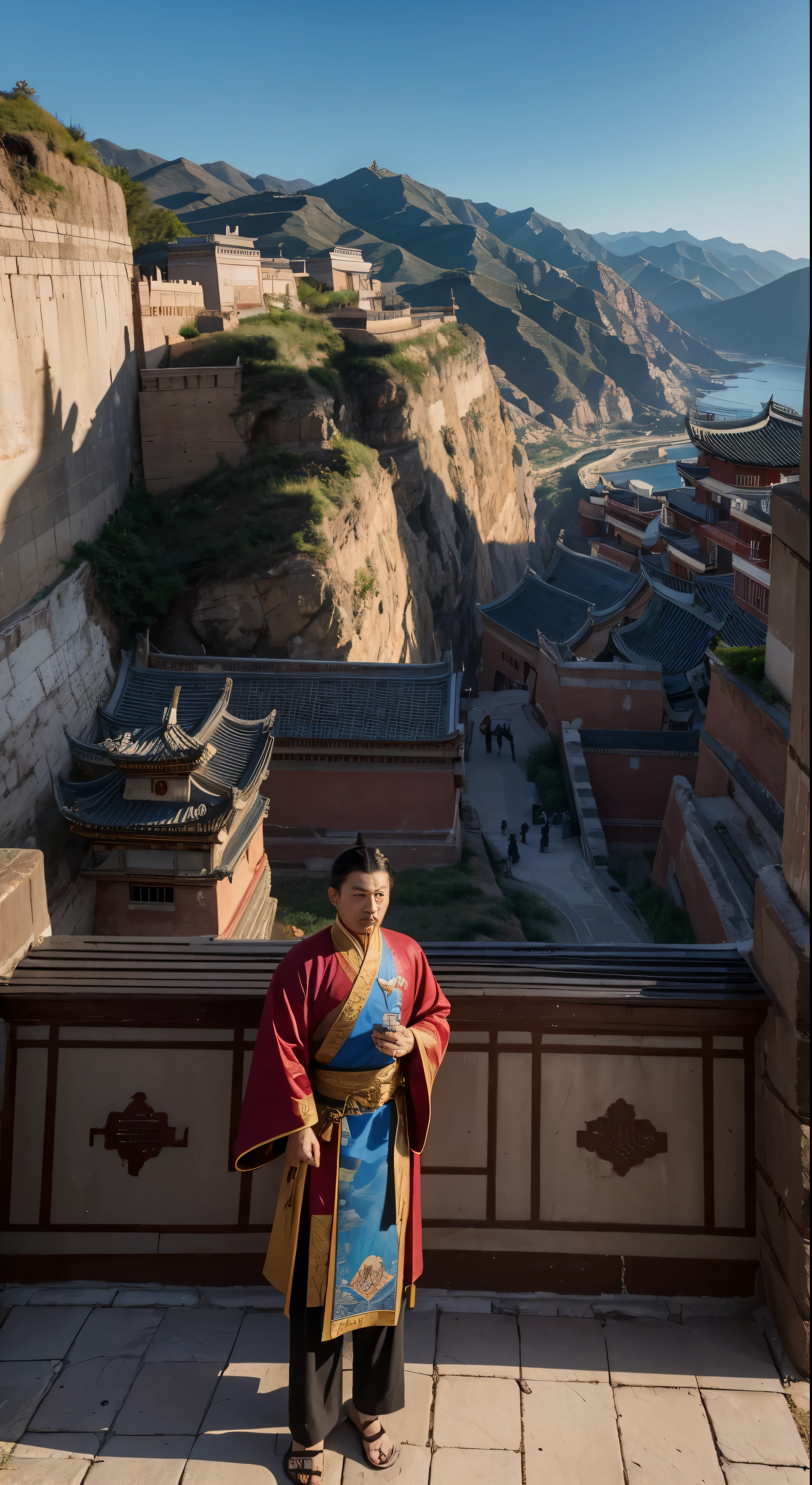 with high definition images，Three Kingdoms:The fascinating scenes in the movie、We see the famous strategist Zhuge Liang in deep contemplation at Red Cliff.。The walled city in front of me is meticulously painted.、It expresses its grandeur and antiquity.。Traces of time and history are engraved on the weathered walls.。