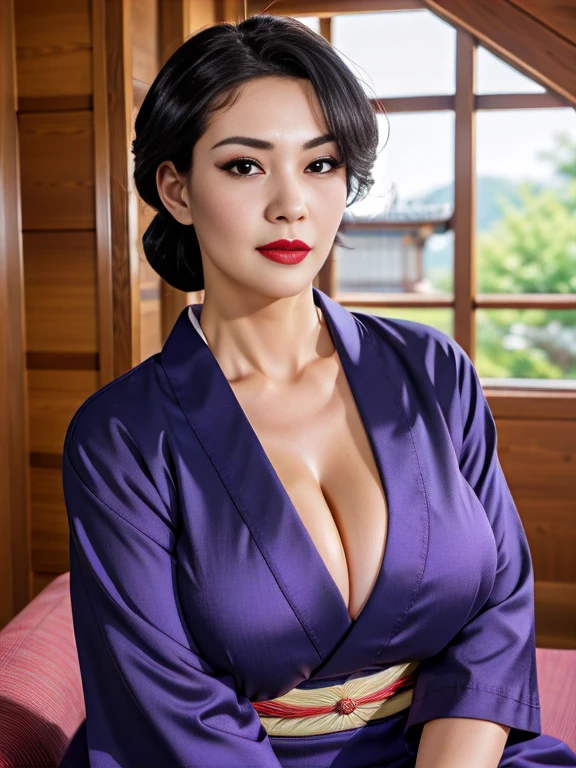 (masterpiece, Best quality, unified 8k wallpaper, high resolution), ambient light, 1 milf, alone, (极OK_fair_detailed hair face eyes nose mouth skin, thin and long:1.3), rest
 (night:1.7),  Before opening the window, Sit upright, Sitting on the sofa, purple_kimono,sash, shouji, shrine, Japanese_clothing, Black_hair, hair_OK, lipstick, comics, 30 years old, adult, Huge long saggy breasts, looking at the audience，cleavage，cleavage