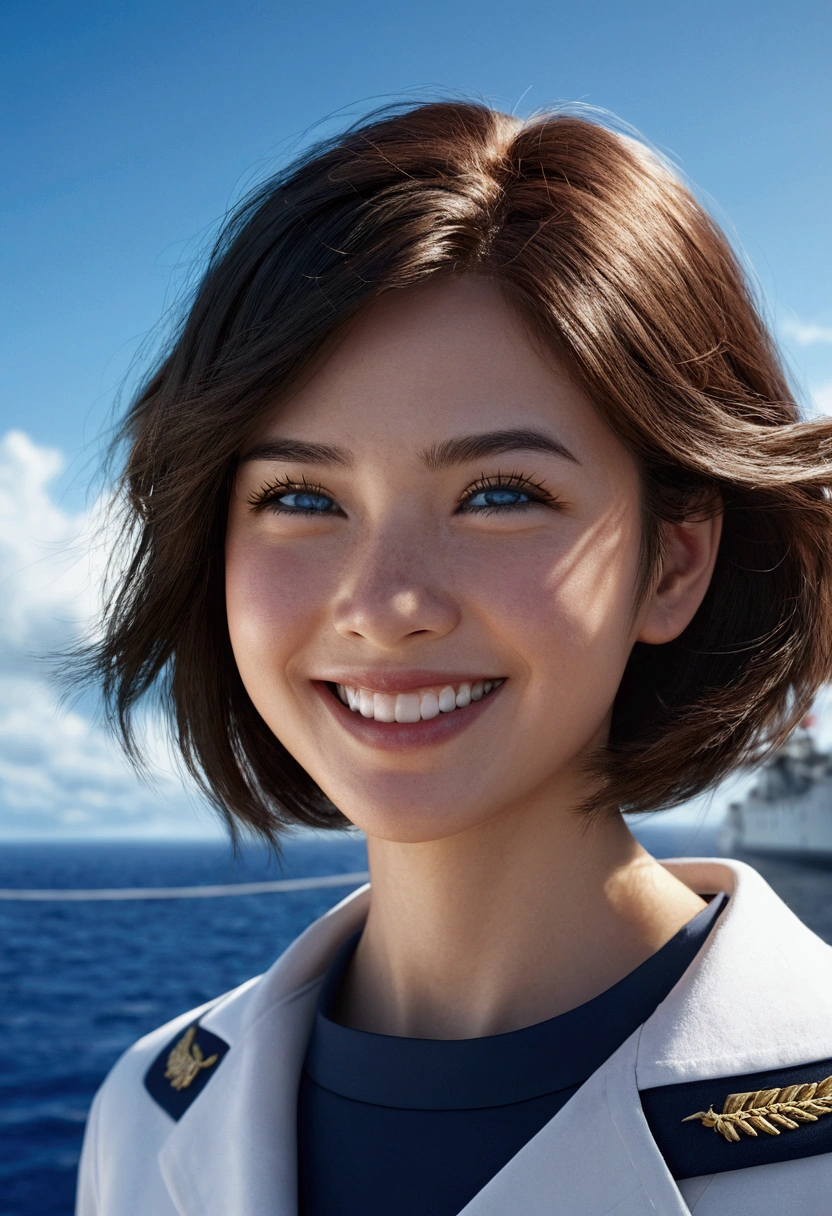 {{masterpiece, Best Quality, Extremely detailed CG, unity wallpaper 8k, cinematic lighting, }}, Sony α7, wide frame, South Pacific, during the war with the Asian powers, wind blowing on the Aegis ship, 1 girl, Whole body, smile, She is a sailor in the US Navy., Caucasian, 20 years, smile, by rubio, short bob, blue eyes , long eyelashes ,