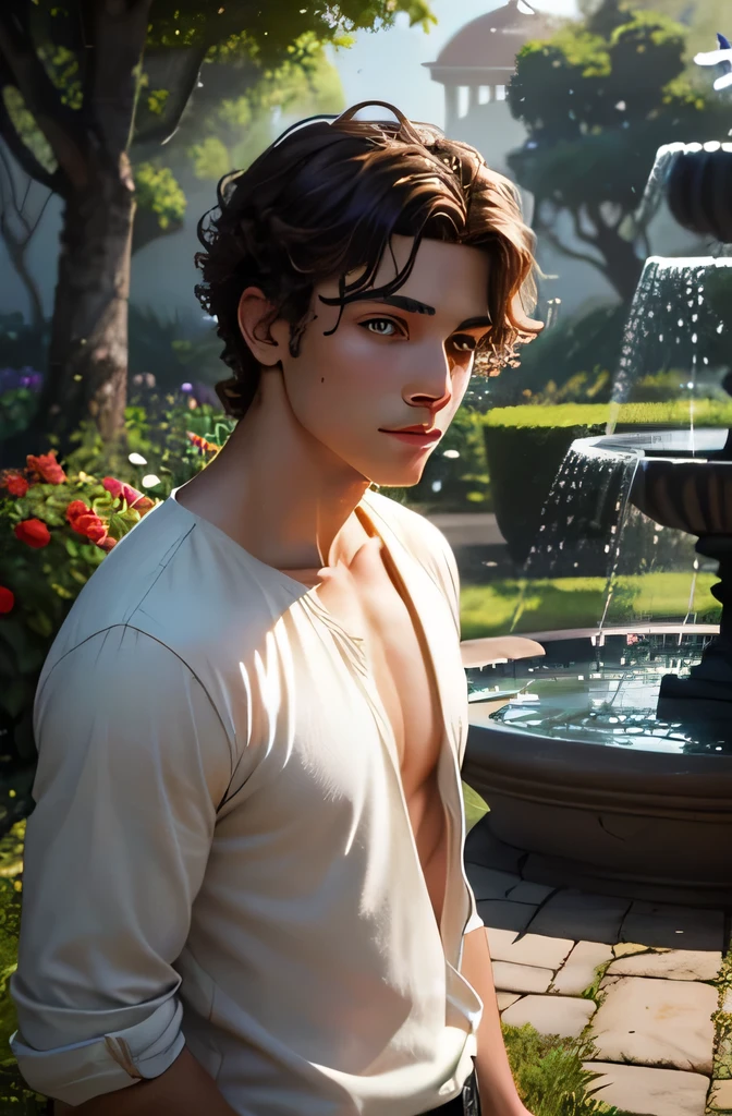 Create an image of a young man in a lush garden with colorful flowers and a fountain in the center, in the midday light. The man must have fair skin, curly brown hair, brown eyes, and a gentle expression. He must be dressed in casual clothes. The atmosphere should convey tranquility and gratitude. Use 8k resolution, with realism rendering style. Lighting should be natural midday lighting, with ultra-fine details. The image should tell the story of Matheus in a lush garden, highlighting his tranquility and gratitude in a colorful and serene environment. The face must be detailed, with lots of details.