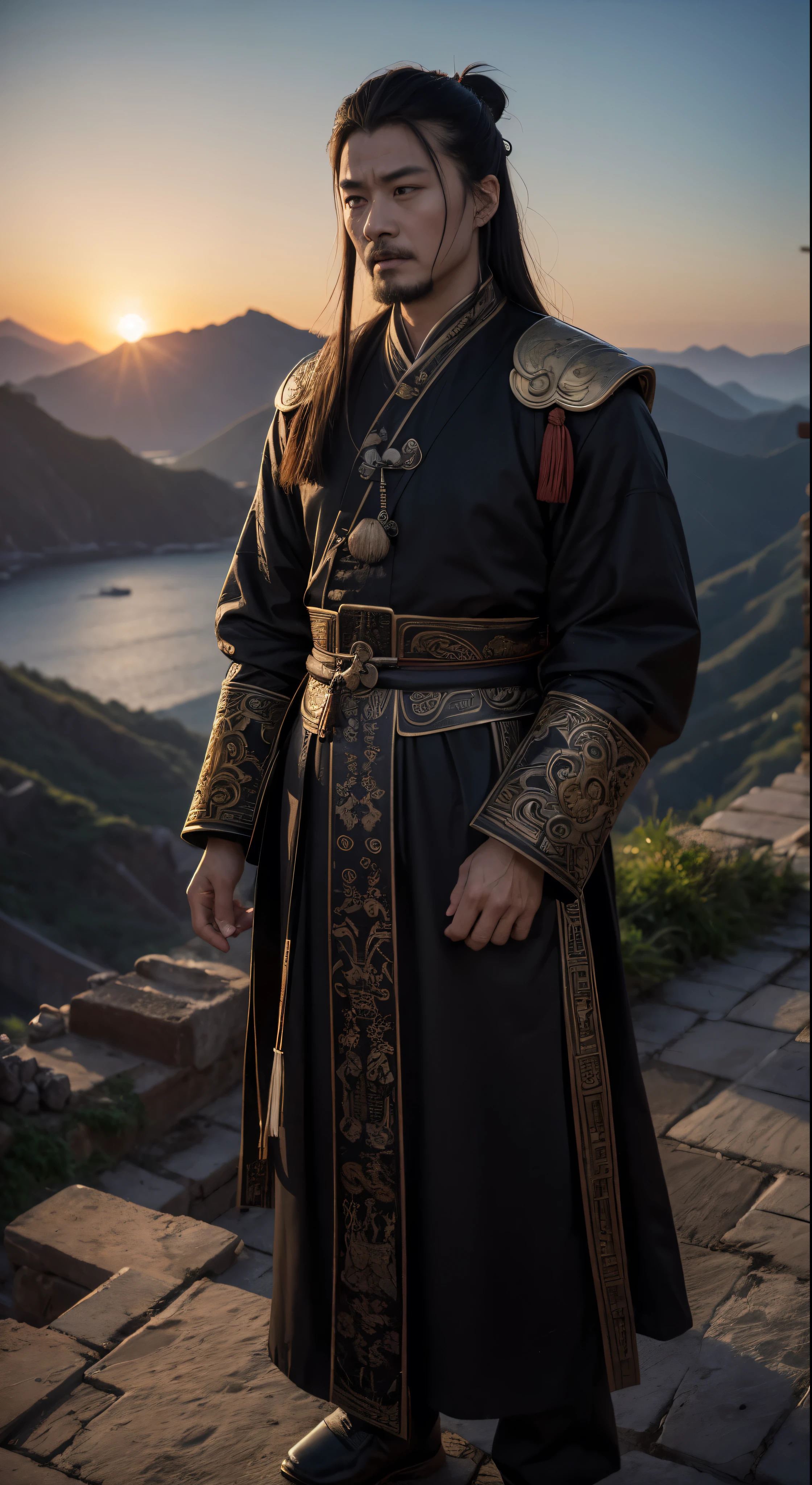 with high definition images，Three Kingdoms:The fascinating scenes in the movie、We see the famous strategist Zhuge Liang in deep contemplation at Red Cliff.。The walled city in front of me is meticulously painted.、It expresses its grandeur and antiquity.。Traces of time and history are engraved on the weathered walls.。