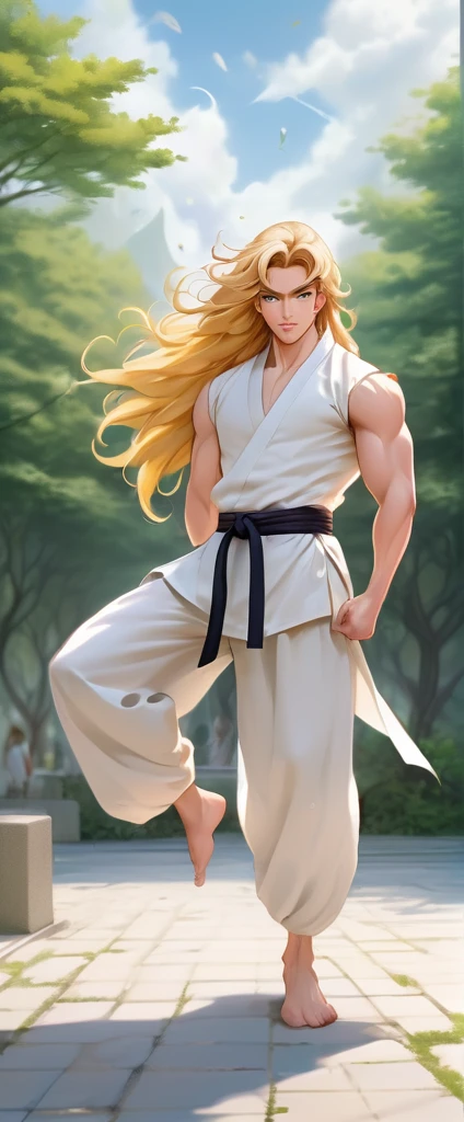 Character anime man standing in a park in nature: At the heart of a calm, white-based environment、A lively young cartoon man standing in an impressive pose、Its strength radiates through the lines and contours of its muscular form.。Long golden hair fluttering in the wind、It frames a square jaw and high cheekbones.。The design sketch、Alluding to the intricate details of his original characters、It emphasizes random poses that evoke a sense of fluidity and strength.。 Dressed in a costume that combines the aesthetics of modern martial artists and parkour enthusiasts。With a stunning natural backdrop