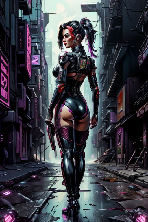 (back view),((ultra realistic illustration:1.2)),(cyberpunk:1.4),(dark sci-fi:1.3). Sexy Japanese woman, with long black hair, red lipstick, wearing leather lingersuit, fishnets, jacket, thigh high boots. Rebellious. Dystopic megacity, gritty, neon, hell, Armored Core, Battletech. Front Mission. Masterpiece, (highly detailed:1.2),(detailed face and eyes:1.2), 8k wallpaper, natural lighting. core shadows, high contrast, bokeh.