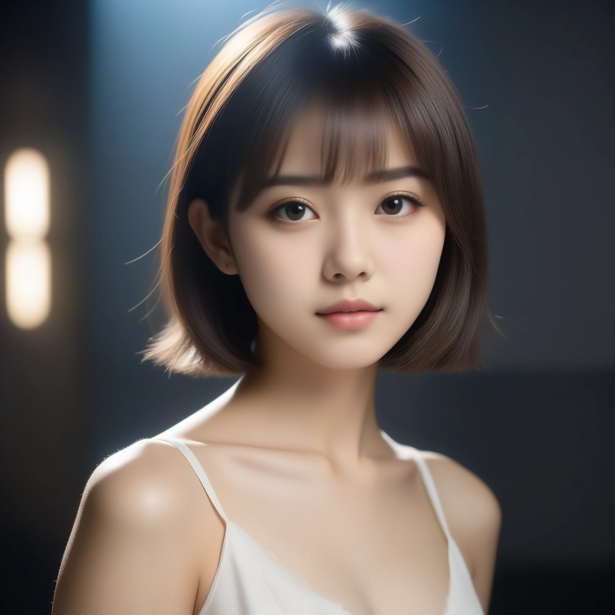 8k, Ultra-high resolution, Highest quality, masterpiece, 三分割法によるphotograph,Surreal, photograph, 1 Girl, (16 years old:1.3), pretty girl, Cute Face, Beautiful eyes in every detail, 細かくdetailedに,masterpiece,One Girl:1.2,Japan Female Teachers,extream close up,sad,glaring,Black short hair,Bob with bangs,(印象派の美しい少女のPortraiture),(Impressionist light and colour), (Avant-garde attire:1.3),(Fairy,Shiny Hair, Beautiful dark eyes, So cute and beautiful,16 years old, ), (smile:0.8),Sharp contours,Looking down, (A future never imagined), ((Abstract background)), Light from above, Low contrast, (Side view),, Perfect and beautiful face ,完璧でCute Face, Skin with attention to detail, Perfect limbs、Narrow waist,Looking at the audience,(((Ideal body type))),A cup small breasts :2,Portraiture:2,Perfect ???????,鮮明なdetailed,detailed,Surreal,Light and shadow,stage lights