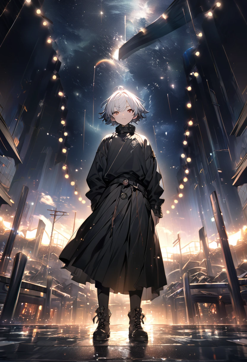 photo of the anime character in the "Jujutsu kaisen" character named (toge inumaki), with short white hair, long-sleeved black shirt, long black trousers, plain black boots, standing on the ground of the city with a dark sky and sparkling lights that add light anime mystical realistic impression.