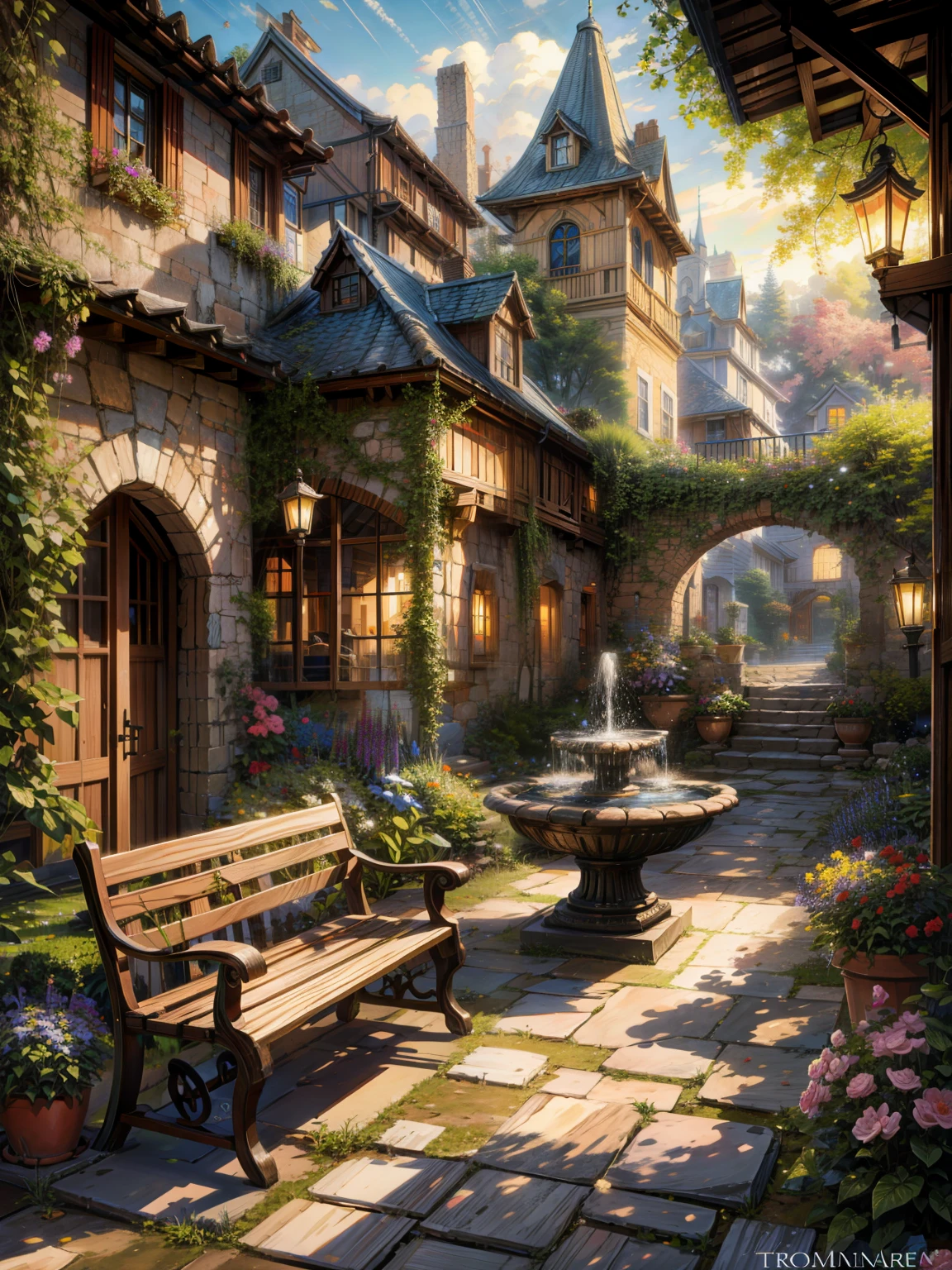 Painting of a courtyard with a fountain, ( ( Thomas Kinkade ) ), style Thomas Kinkade, style of Thomas Kinkade, Thomas Kinkade painting, Thomas Kinkade. Very detailed, Thomas Kinkade style painting, Thomas Kinkade, by Thomas Kinkade, Thomas Kinkade cfg _ Scale 8, Thomas Kinkade cfg _ Scale 9, figure, 4k hd,, Beautiful Art UHD 4K, a beautiful artwork figure, Beautiful digital painting, Very detailed digital painting, Beautiful digital art, Detailed painting 4k, Very detailedデジタル絵画, Rich, picturesque colors, Gorgeous digital painting