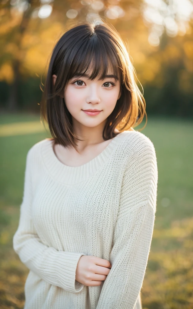 masterpiece, Highest quality, 8k, 20th Generation, Large Breasts, cute, alone, sad, cute, Girlish, Delicate girl, Pure beauty, RAW Photos, Professional photography, Portraiture, Soft Light, Professional Lighting, Backlight, Upper Body, avert your eyes, Sophisticated, Film Grain, (Eye and facial details:1.0), Short floating hair, Beautiful, flowing hair, bangs, sweater,smile