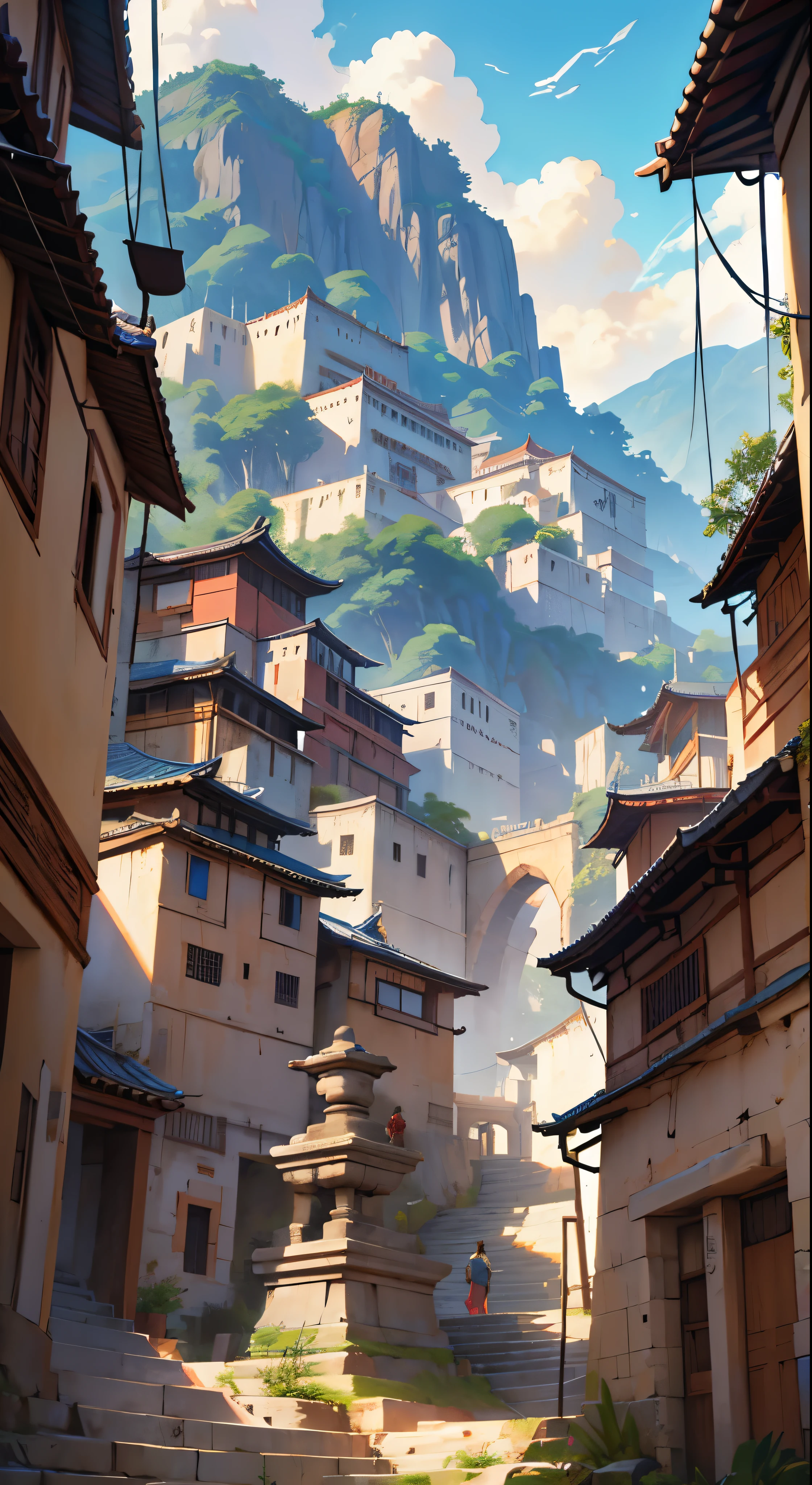 with high definition images，Three Kingdoms:The fascinating scenes in the movie、We see the famous strategist Zhuge Liang in deep contemplation at Red Cliff.。The walled city in front of me is meticulously painted.、It expresses its grandeur and antiquity.。Traces of time and history are engraved on the weathered walls.