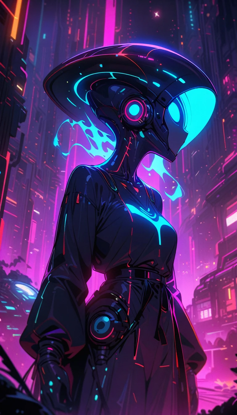 ((best quality)) , ((masterpiece)) , (detailed),Color splash, Ghostly Astronaut (Li Gong:1.3) , wearing Shabby Chic Wrap dress, has metallic plating, Colored hair, Fossil fuel power station in background,(((Alien-themed Magical, Extraterrestrial, cosmic, otherworldly, mysterious, sci-fi, highly detailed)))
