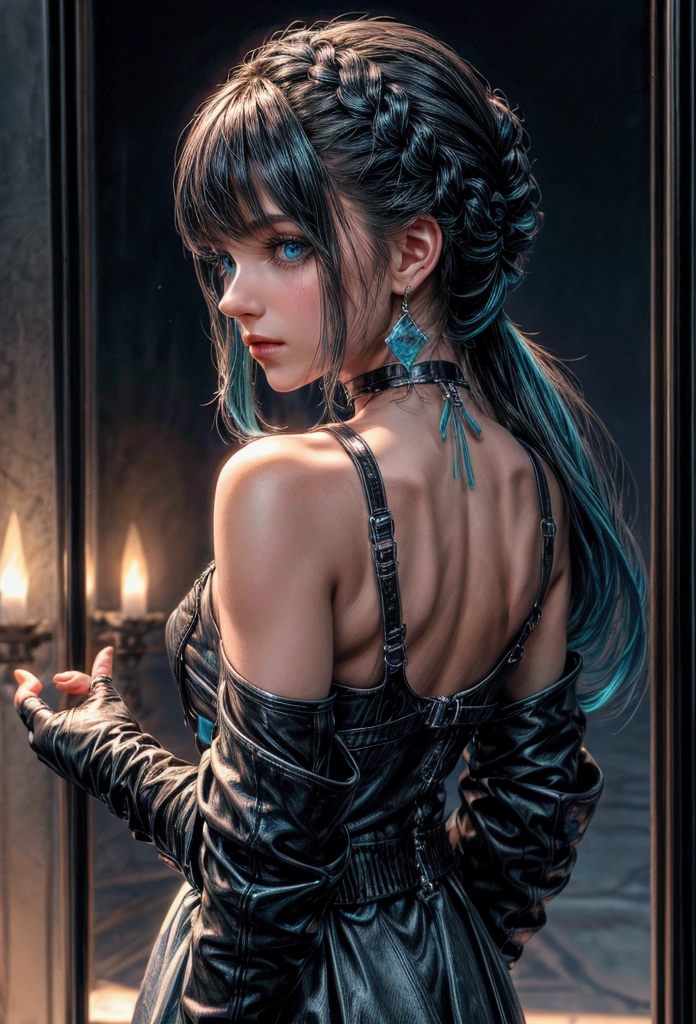 1girll, aqua eyes, back, bangs, Bare shoulders, Black gloves, Blue eyes, Braid, choker necklace, Earrings, Fingerless gloves, From behind, mitts, whaite hair, Holding, Jacket, jewelry, Long hair, view the viewer, Looking back, nail polish, cropped shoulders, parted giving a instruction for the details 